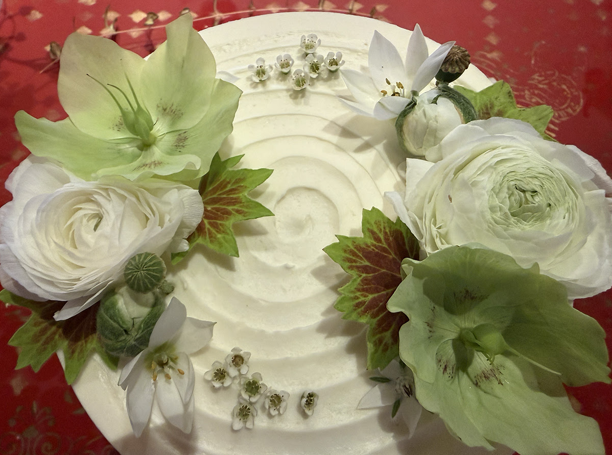 A white frosted cake decorated with white and green flowers and green leaves on top, positioned on a red surface.