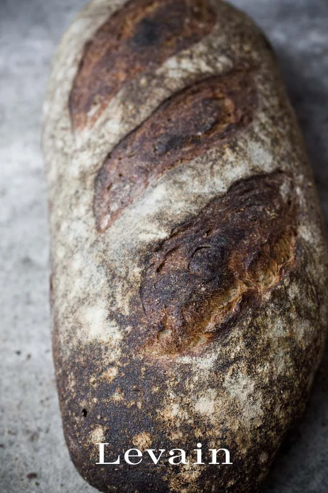 Close-up of a rustic artisan loaf of bread with a crusty, browned surface and scoring marks on top.