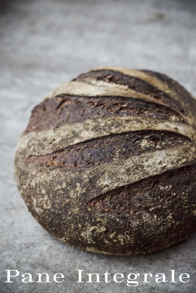 Close-up of a round, sliced loaf of whole grain bread with a crunchy crust on a gray surface, labeled "Pane Integrale".