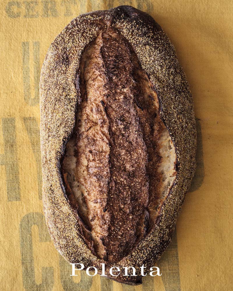 A roasted polenta cake with a golden, crispy exterior on a wooden surface.