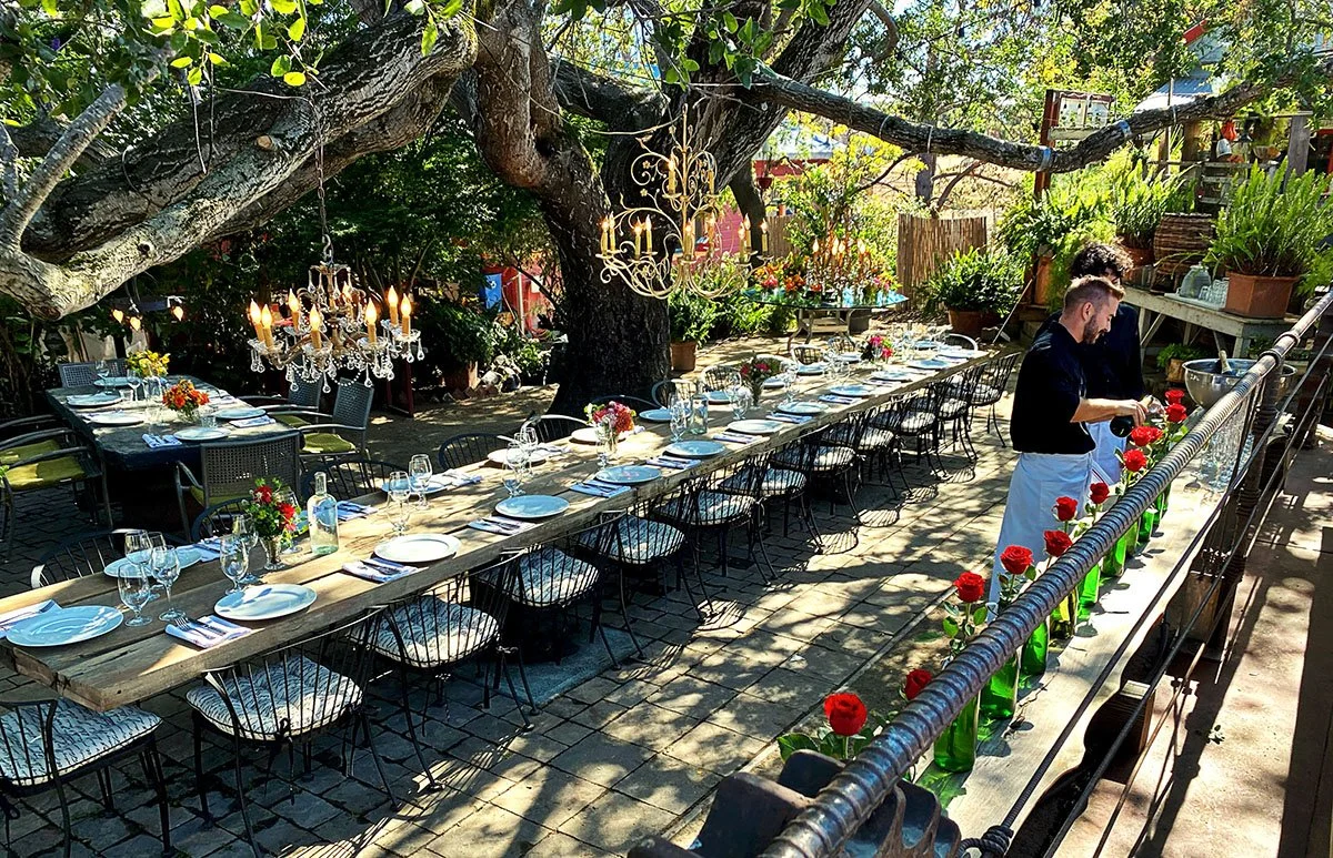 An outdoor dining setup under a large tree with a long wooden table, elegant chandeliers, and colorful floral decorations in bottles. Two chefs prepare food along the side of the table, which is set with plates, glasses, and silverware for a gathering.