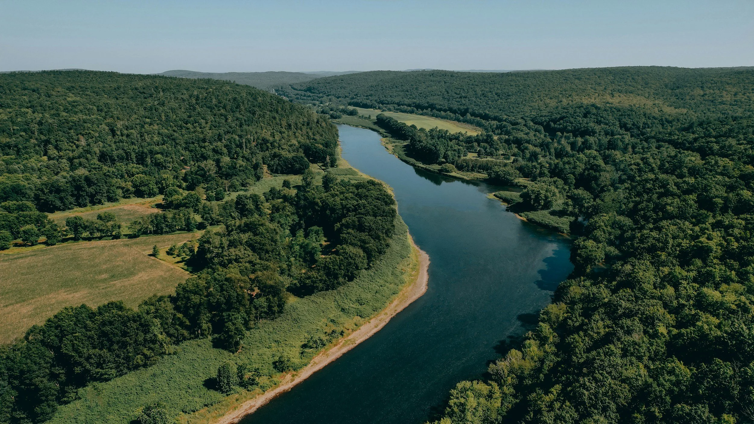 An aerial view of a winding river flowing through a lush green forest with hills in the distance.