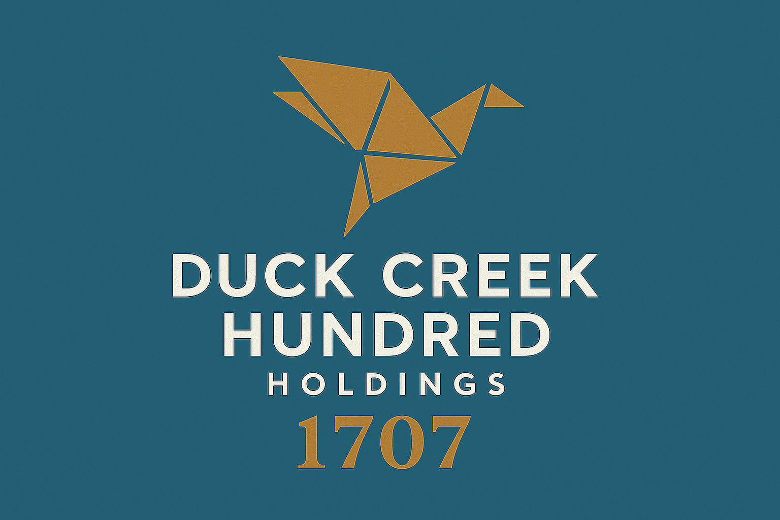Logo for Duck Creek Hundred Holdings featuring a geometric duck illustration in gold and the company name in white text against a teal background.