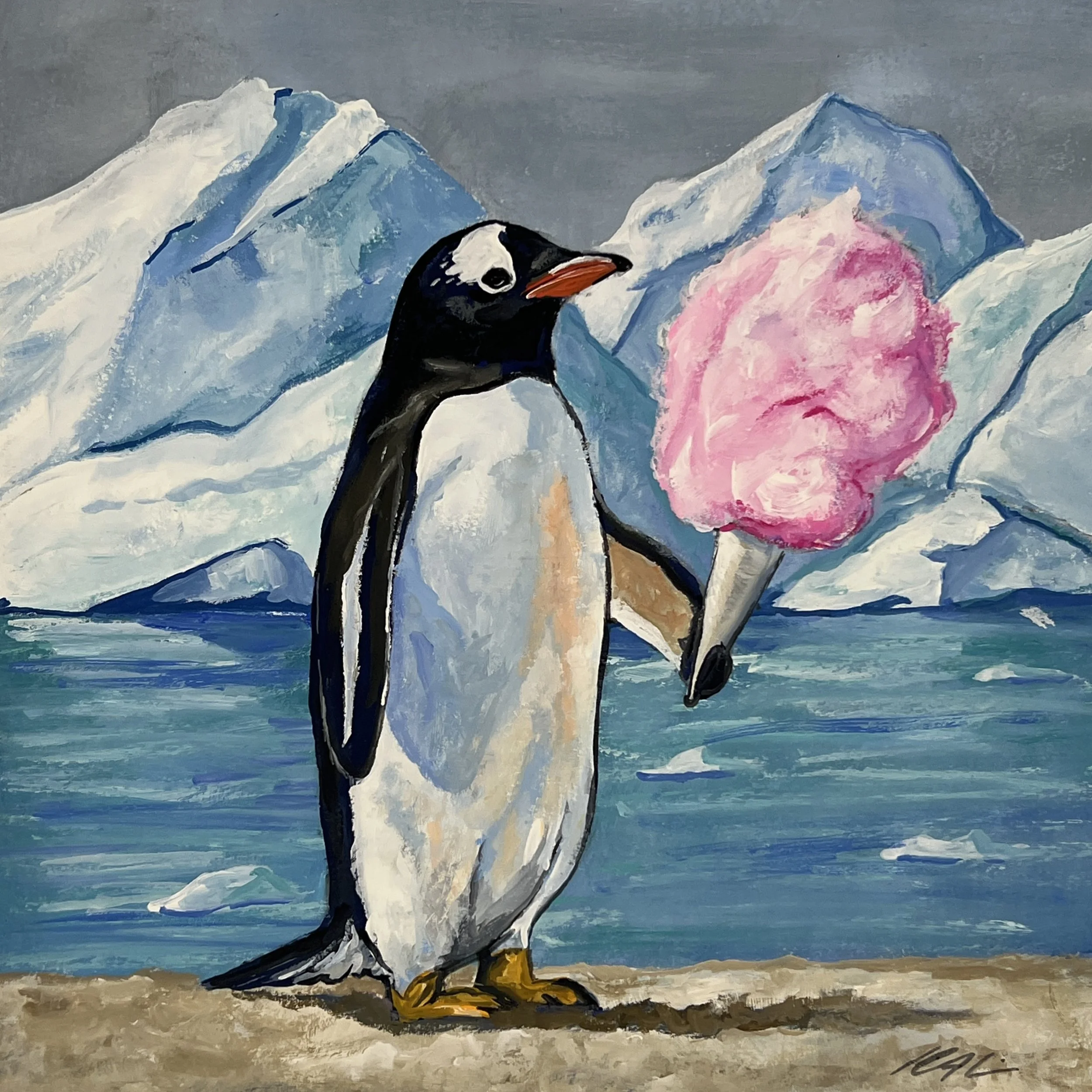 Candy Floss Penguin - Original Gouache Painting