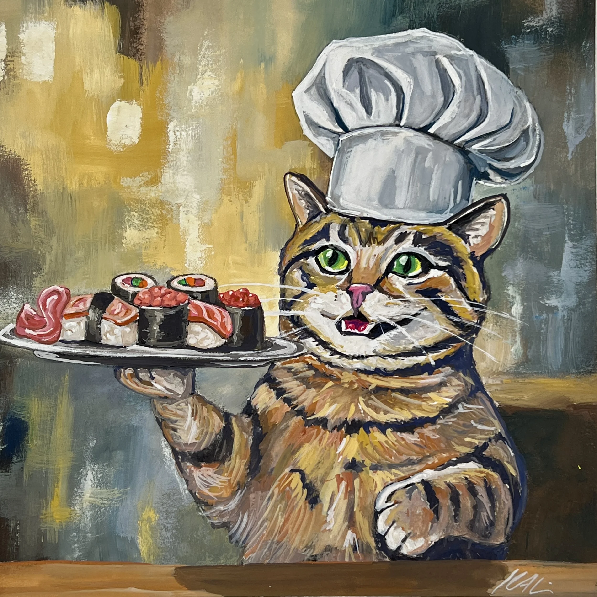 Chef Kitty Sushi Delight - Original Gouache Painting