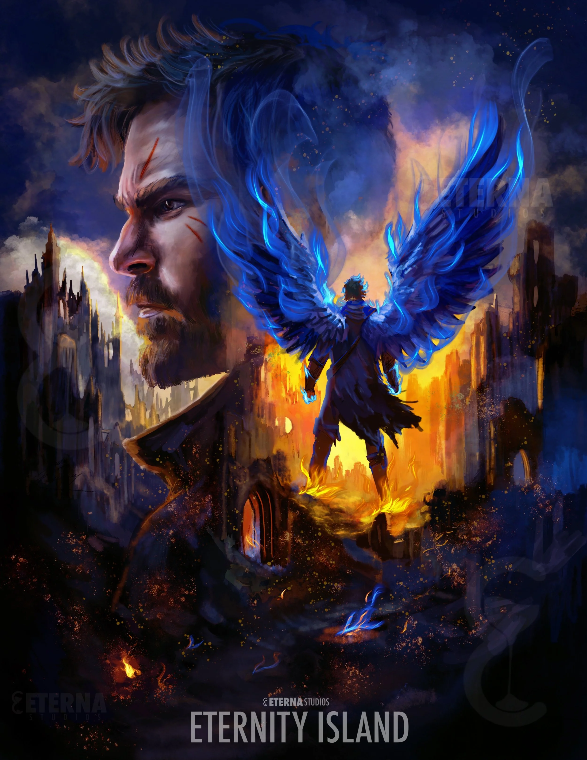 Digital artwork for the game 'Eternity Island' showing a man with lightning-winged angelic features standing in a fiery landscape, with a large portrait of a bearded man with scars on his face in the background and a dark, ruined cityscape.