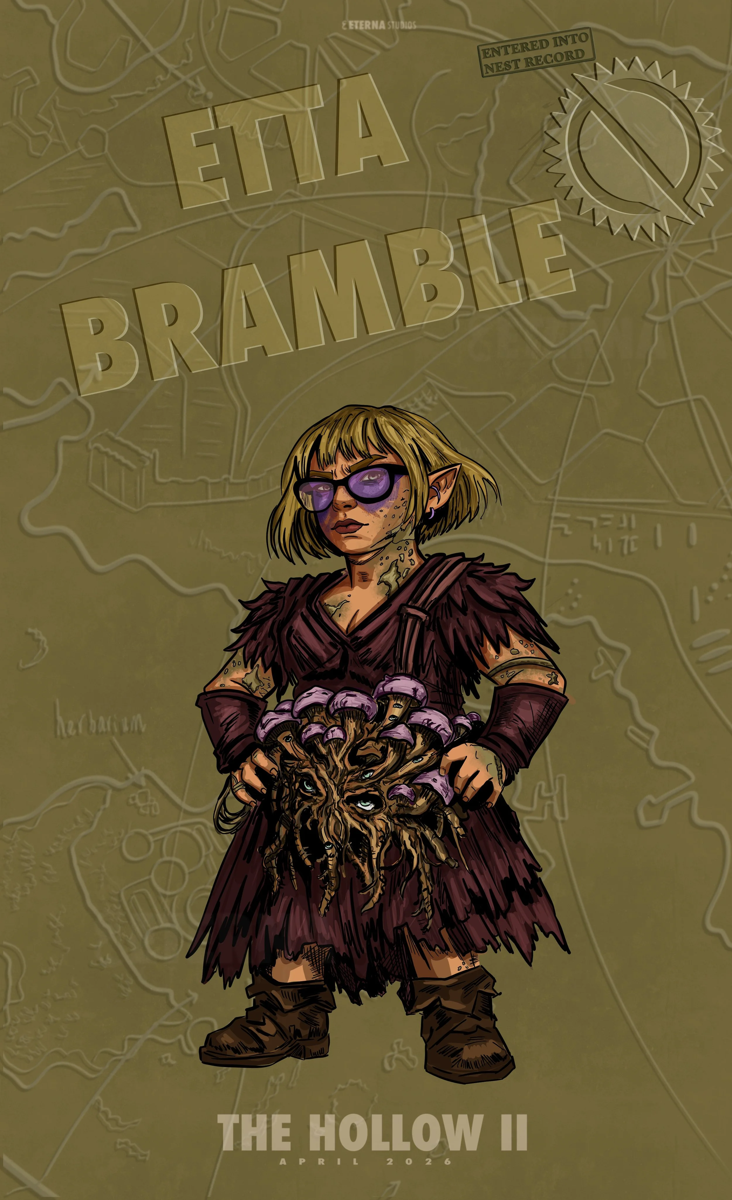 Digital illustration of a fantasy character with elf-like ears, wearing glasses, and a ragged outfit. They hold a creature with multiple tentacle-like appendages and eyes. Background features a map with the text 'Etta Bramble' and 'The Hollow II, Apr