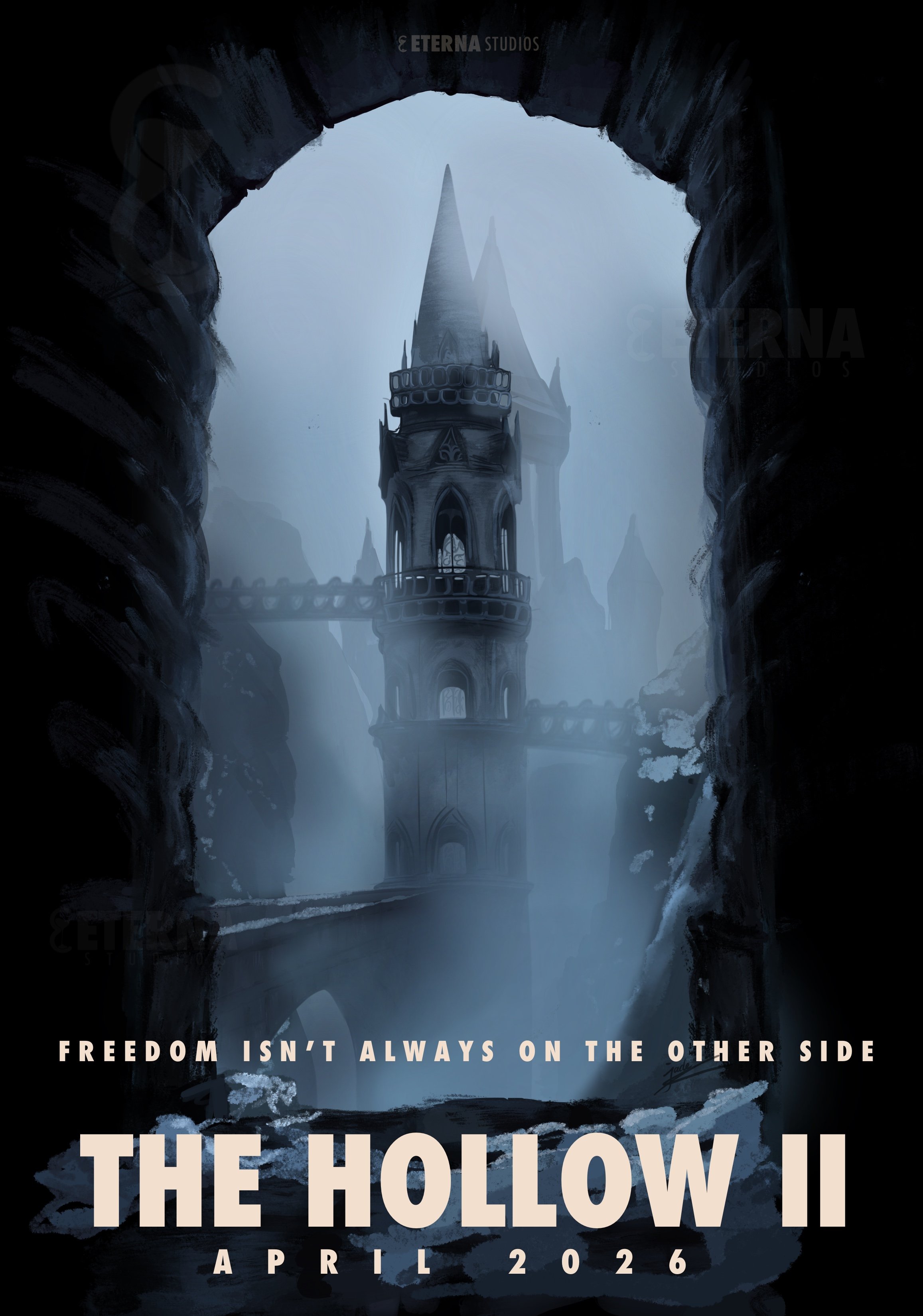 Dark image of a mysterious castle-like tower in a misty environment seen through the opening of a cave, with the text "the hollow II" and the tagline "Freedom isn't always on the other side," promoting an event or release in April 2026.