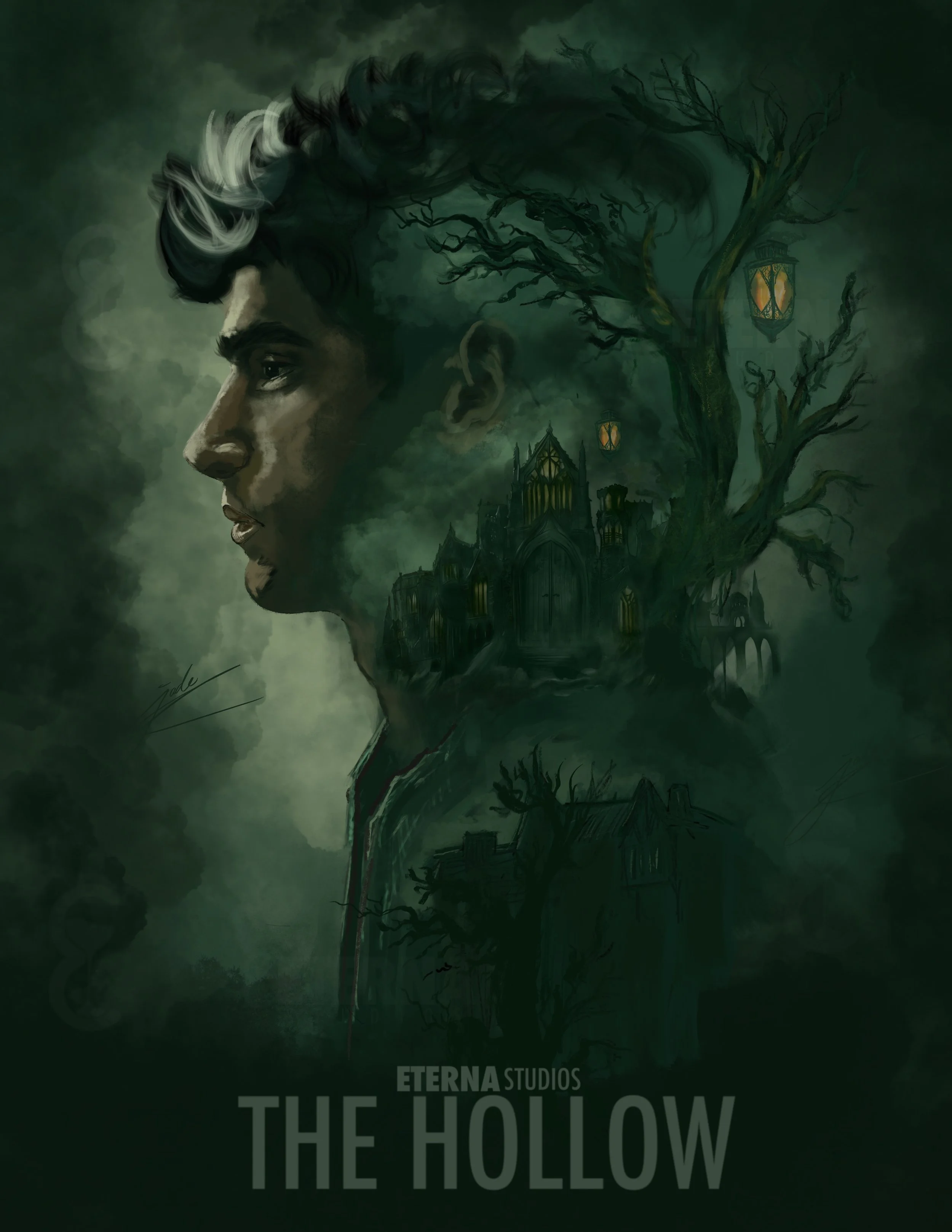 A dark, moody digital artwork of a young man with curly hair, with a haunted house and barren trees integrated into his hair and shoulder, and lanterns hanging from the trees in a foggy, eerie setting. The text at the bottom says 'Eterna Studios The 