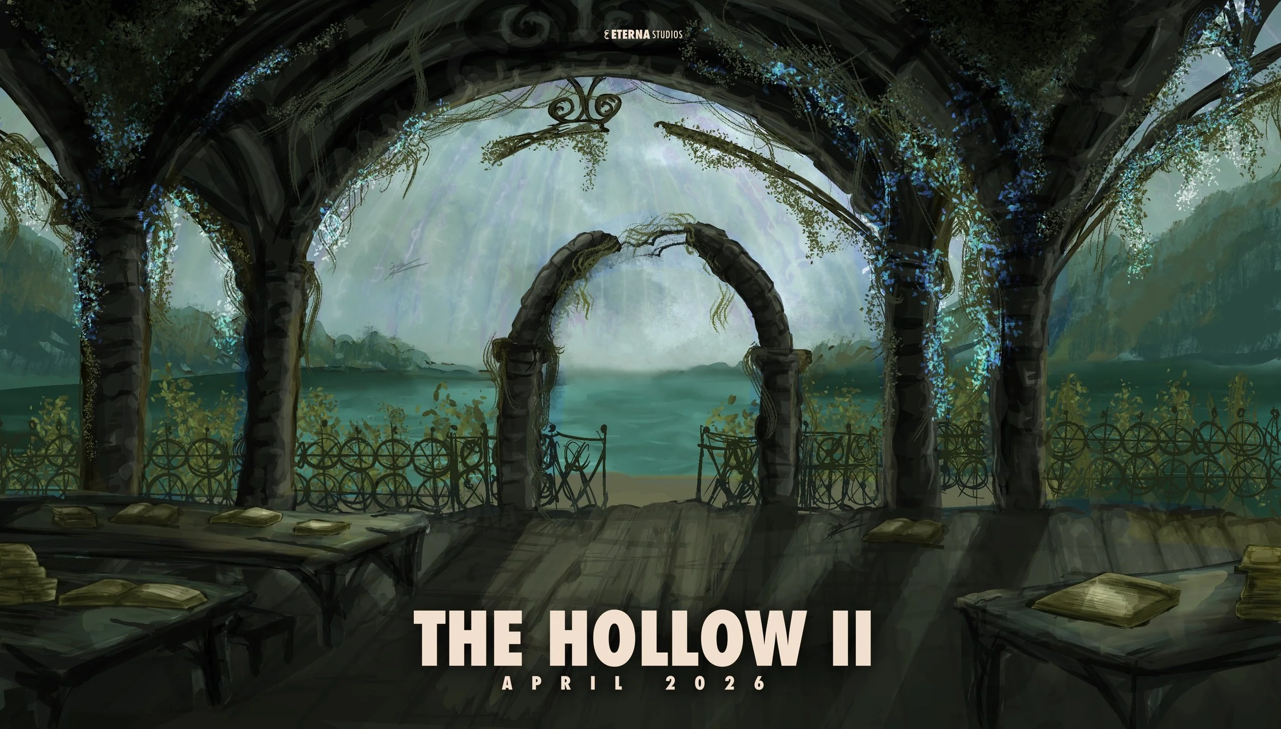 Artwork featuring a gothic window with vines, overlooking a lake with mountains in the distance. Text overlay reads 'The Hollow II April 2026'.