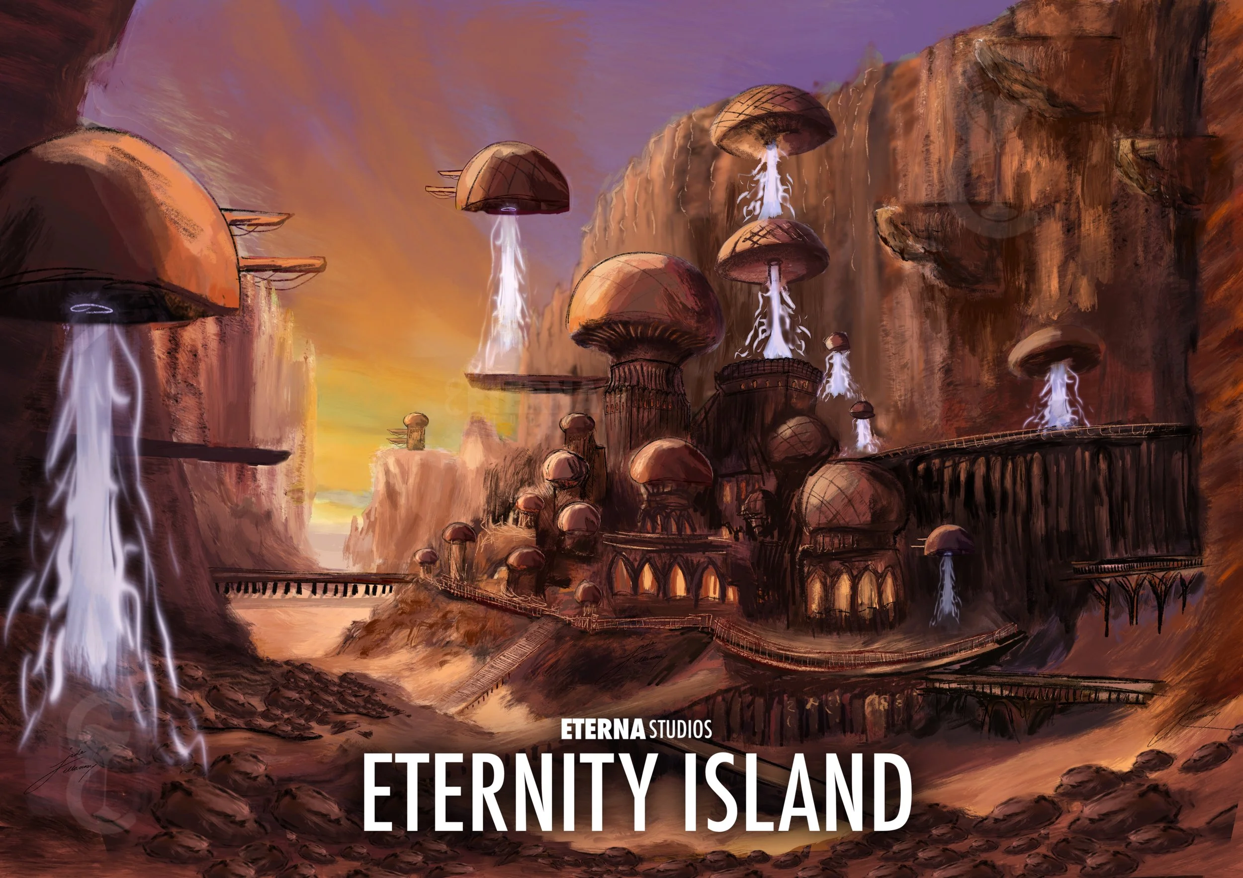 A fantasy landscape featuring floating mushroom-shaped structures with waterfalls, connected by bridges, set against a sunset sky on a rocky terrain, with the text 'ETERNITY ISLAND' and 'ETERNA STUDIOS' at the bottom.