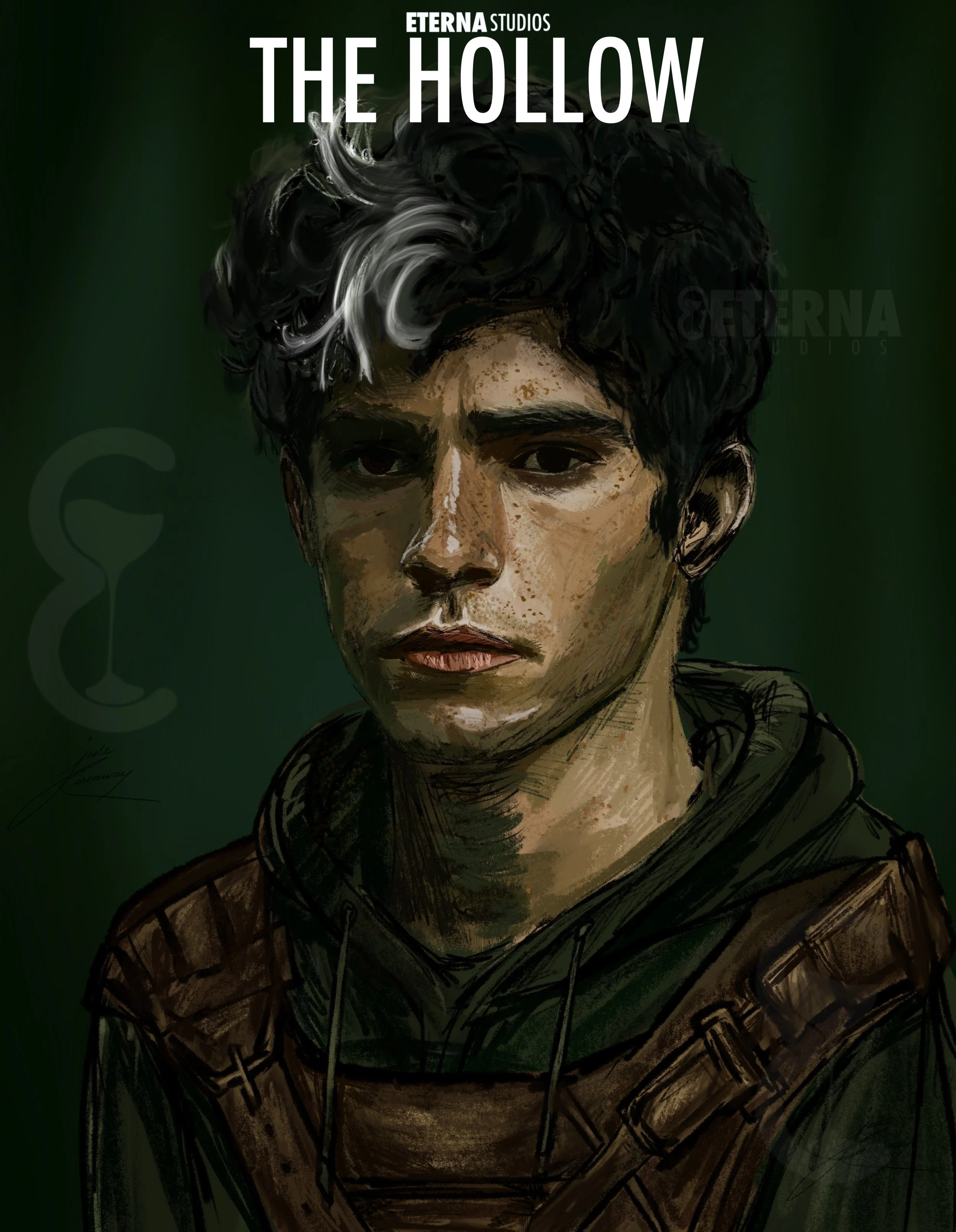 Digital illustration of a young man with dark, curly hair, wearing a tactical vest and hoodie, against a dark green background with the text 'The Hollow' and 'Eterna Studios'.