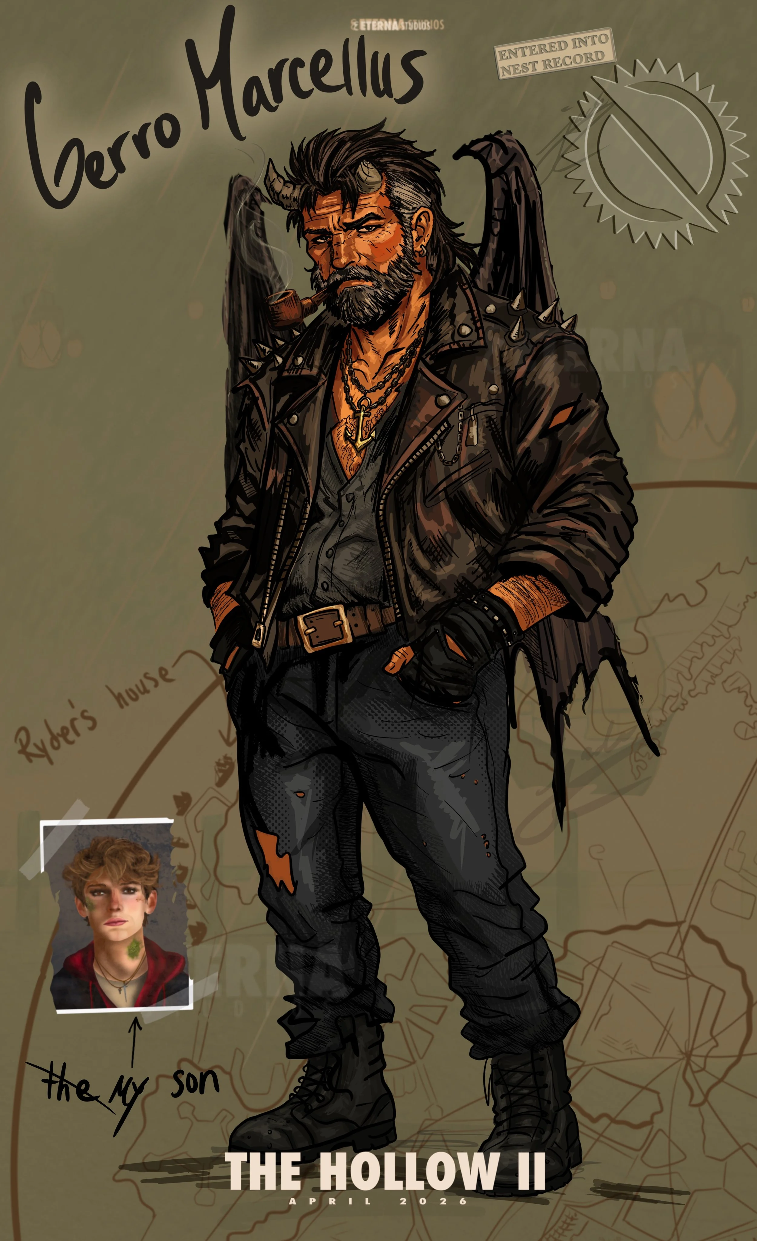 A digital illustration of a tough-looking man with a beard, horns, and wings, wearing a leather jacket with spikes, chains, and a necklace with an anchor, standing with his hands in his pockets over a map background. The image includes text that says
