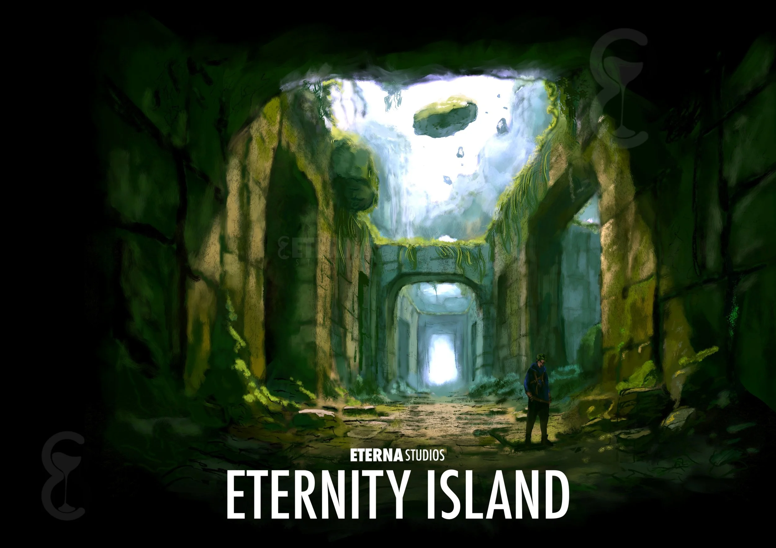 Digital artwork depicting a mysterious, lush cave with moss-covered walls, glowing blue light from the entrance, and a man standing inside, with the text "Eternity Island" at the bottom.