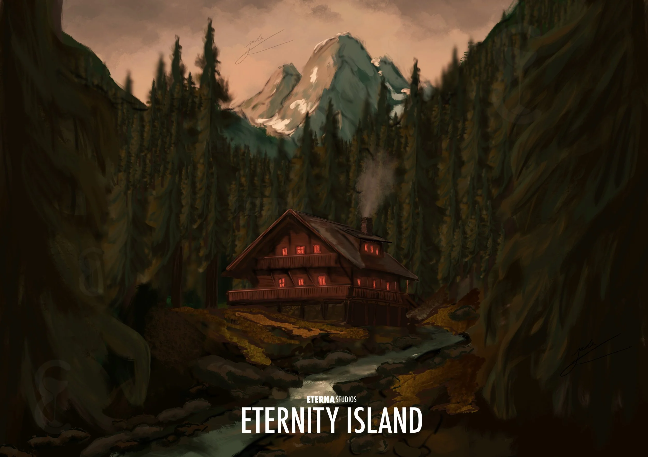 An illustrated mountain cabin with red-lit windows, smoke rising from the chimney, situated in a dense forest valley with tall pine trees. Snow-capped mountains are visible in the background under a pinkish sky. The scene is labeled "Eternity Island"