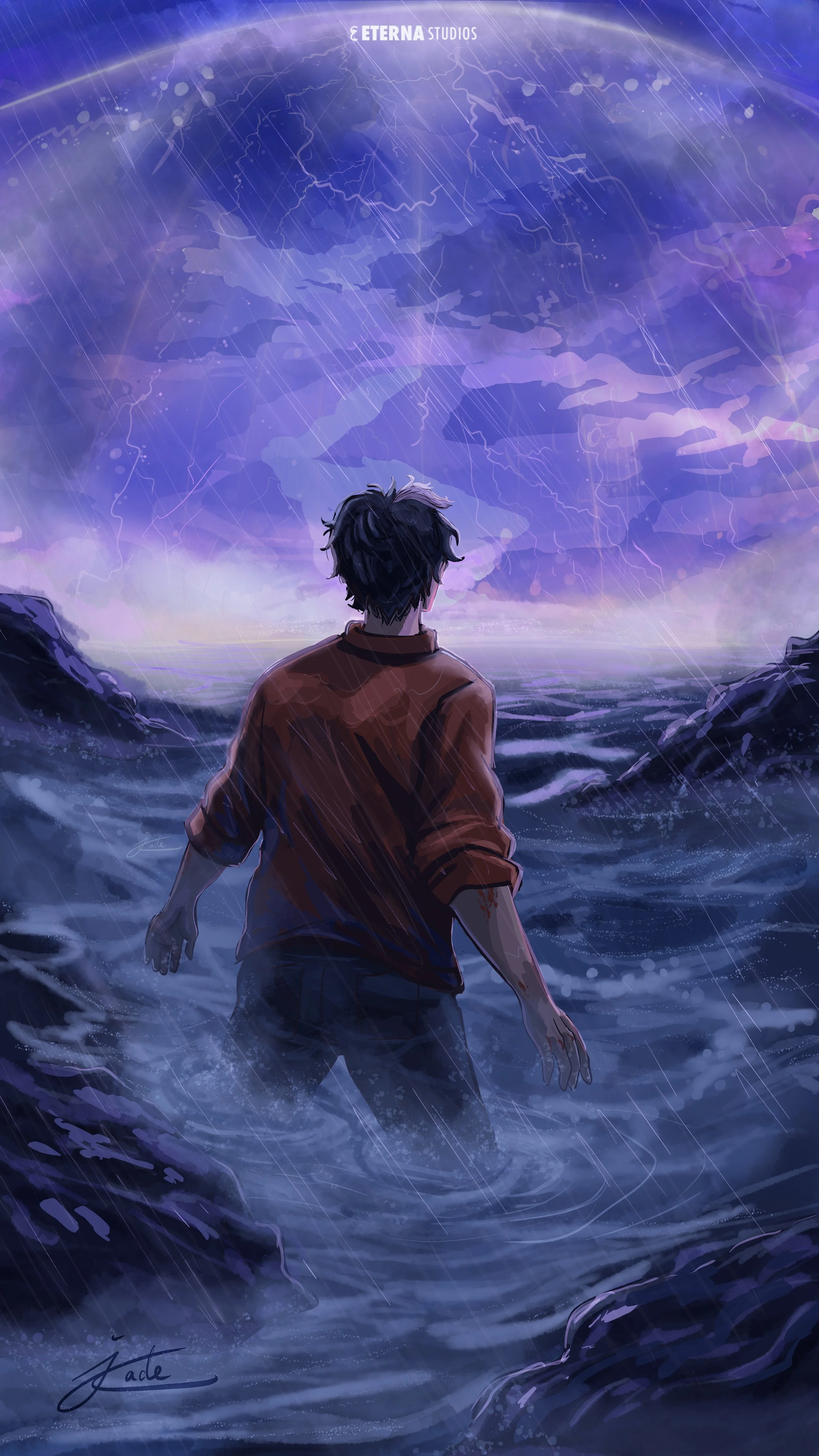 An animated scene of a person with dark, messy hair, wearing a red shirt with rolled-up sleeves, standing in ocean water under a stormy sky with purple and blue clouds and lightning.