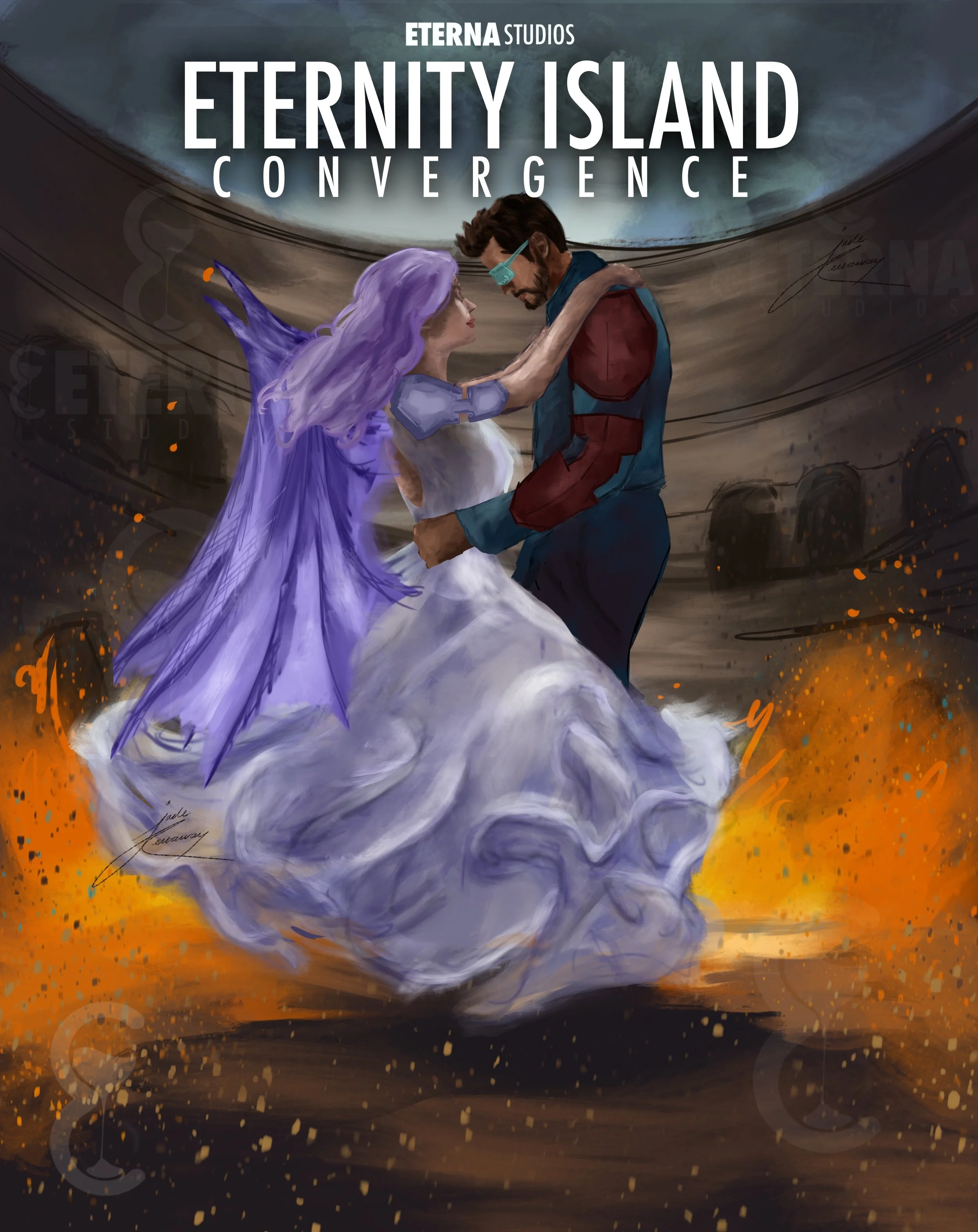 Digital artwork of a man and woman dancing in a ring, with the woman having purple hair and dress, and the man wearing glasses and a superhero costume. The background shows a stadium with orange flames and smoke. The text reads 'Eterna Studios' and '