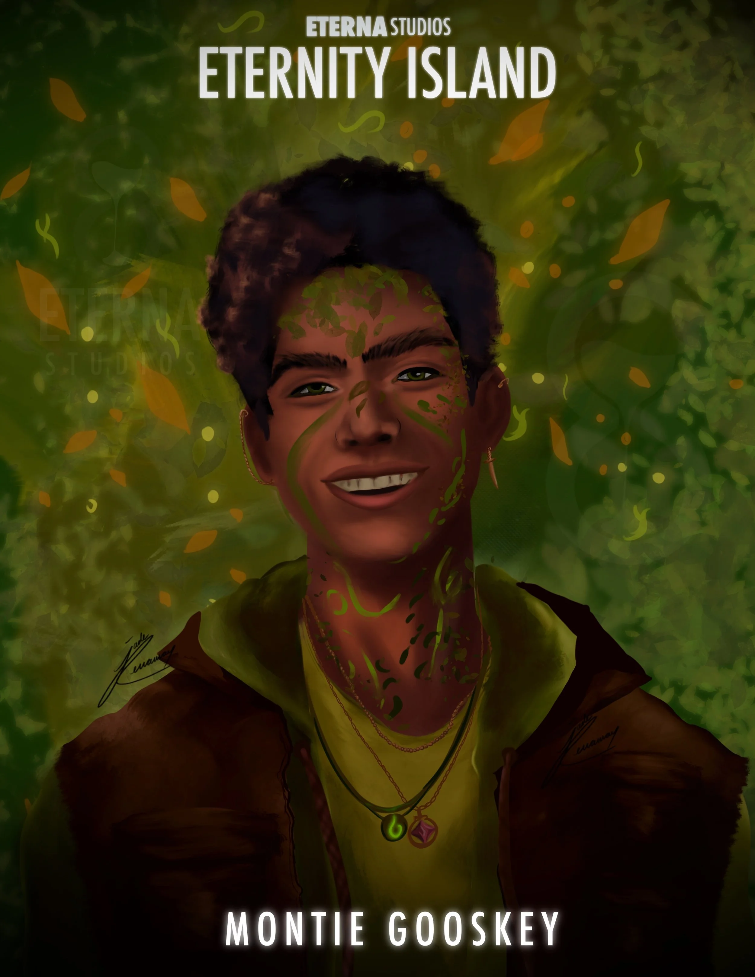 Digital portrait of a young person with short dark hair, smiling, wearing layered necklaces with green and pink charms, and a brown jacket over a yellow top, set against a green, nature-inspired background with floating leaves and light spots. Text a