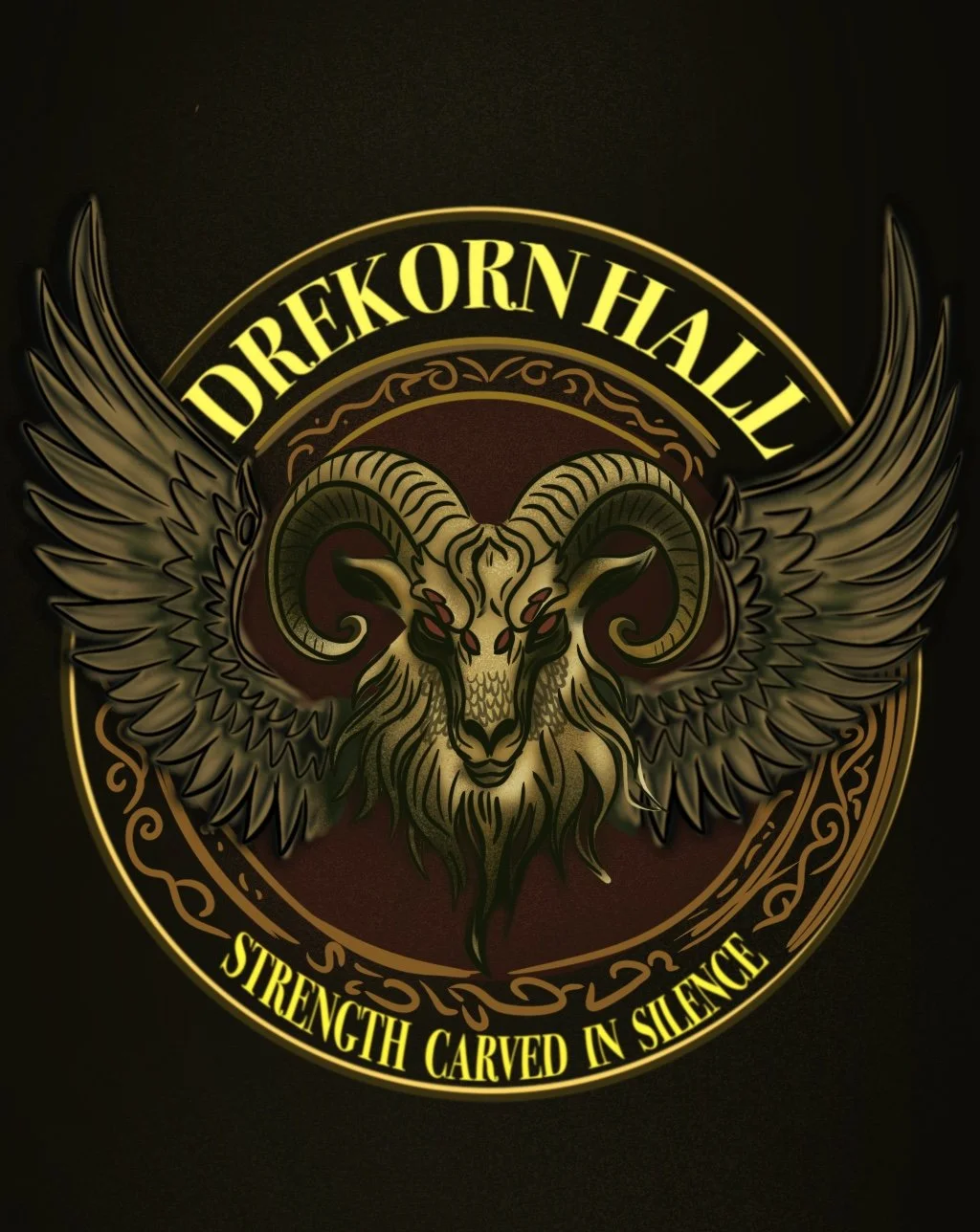 Design featuring a ram's head with large curved horns, wings, and decorative details. The text reads 'DREKORN HALL' at the top and 'STRENGTH CARVED IN SILENCE' at the bottom.