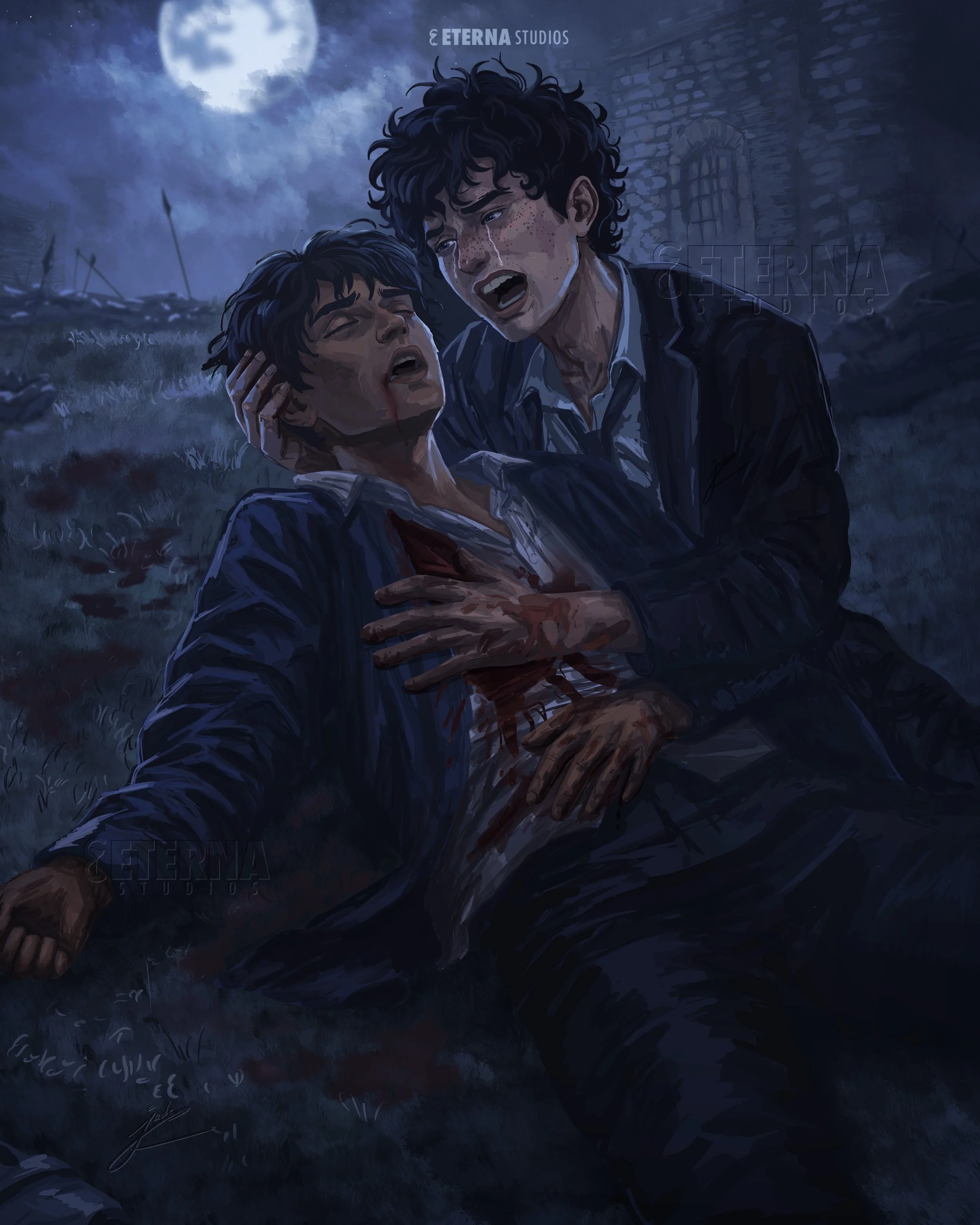 Animated scene of two young men in suits on a dark battlefield under a full moon, one appears injured with blood and the other supporting him and showing concern.