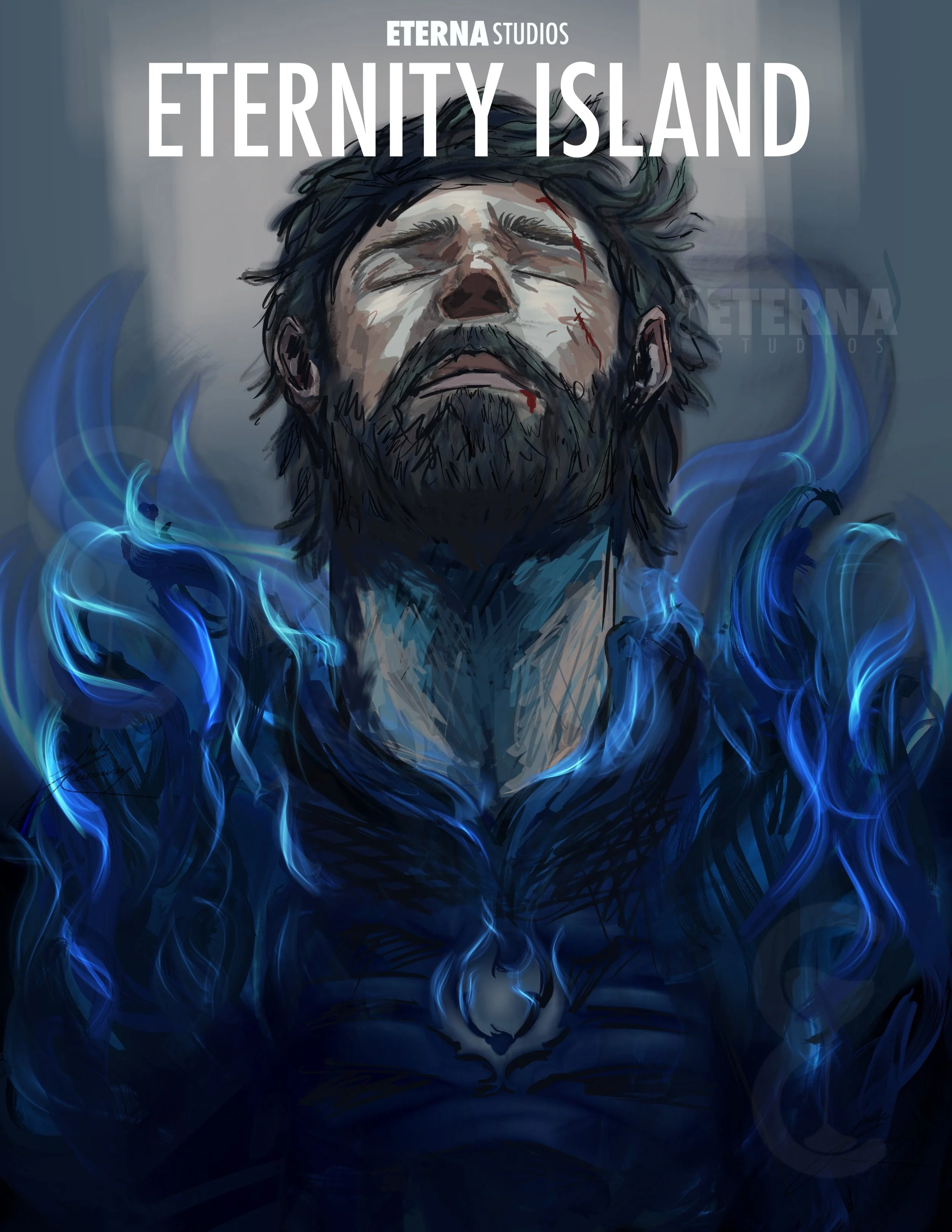 Digital illustration of a man with closed eyes, blood on his face, and a beard, surrounded by blue flames, with the text 'Eternity Island' at the top and 'Eterna Studios' above.