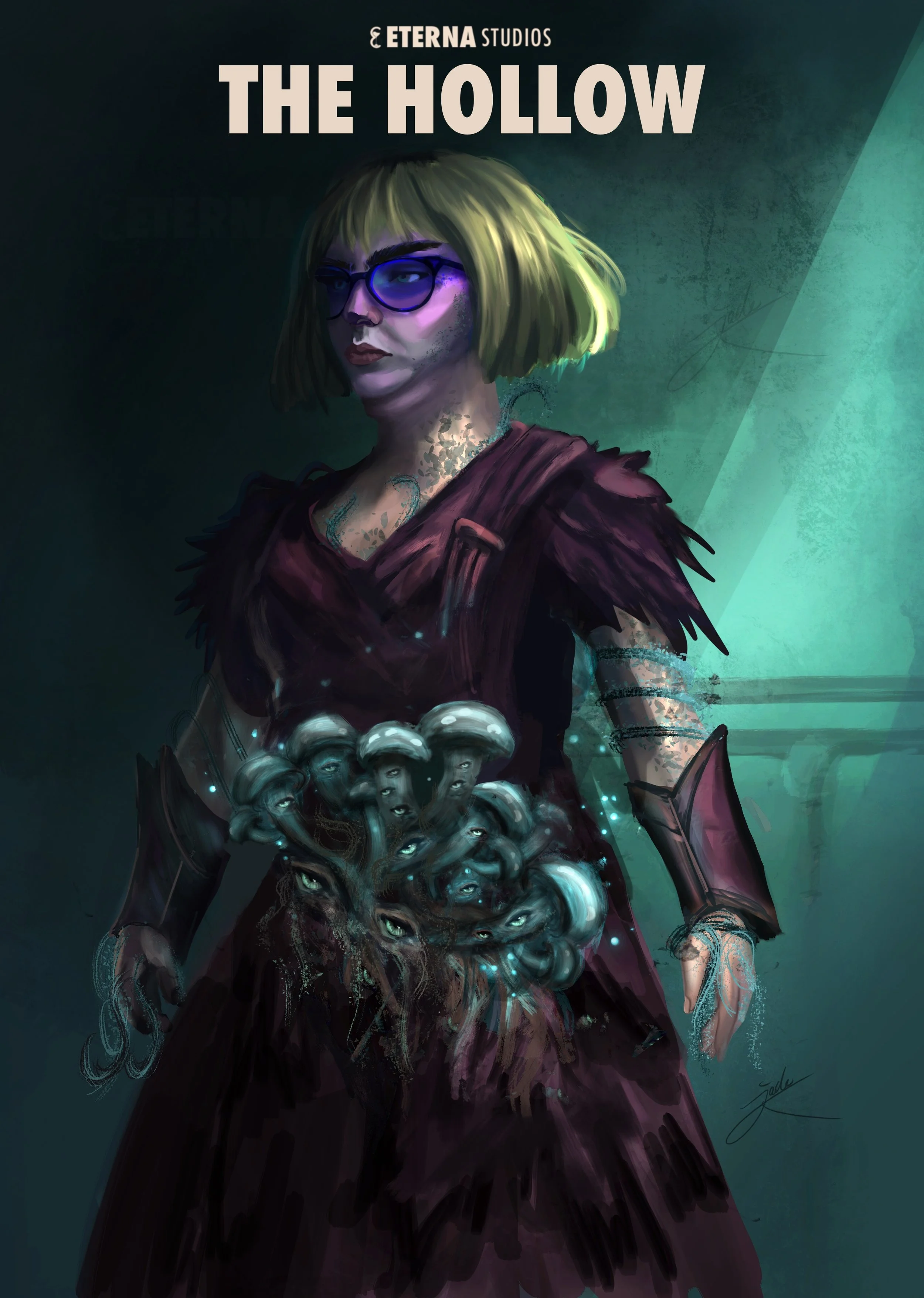 A fantasy illustration of a woman with short green hair, purple glasses, and a dark purple dress with a floating cluster of eyeballs and faces around her waist. The background is dark with greenish lighting, and the text reads 'The Hollow' at the top