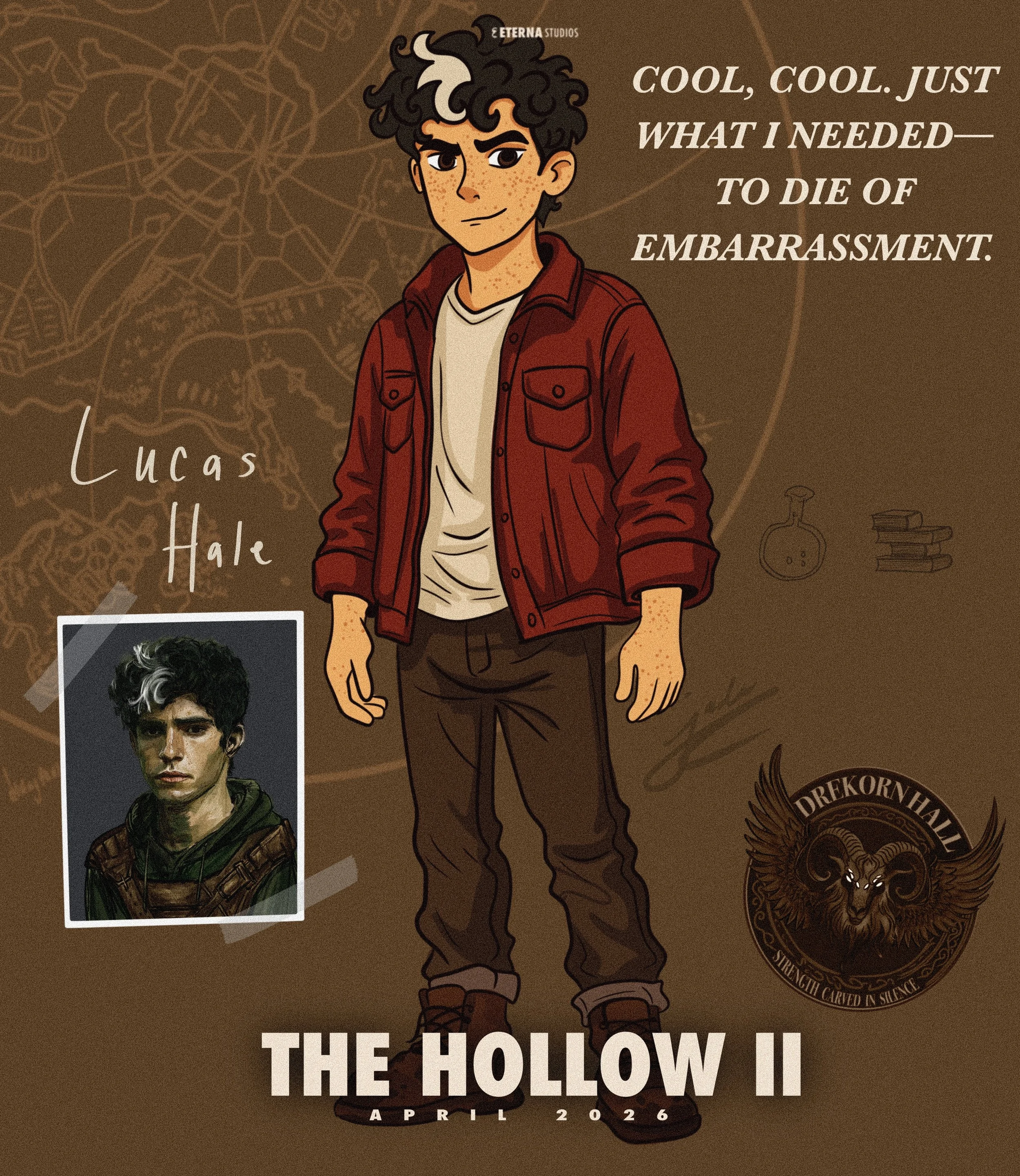 A promotional poster for the movie "The Hollow II" featuring an animated illustration of a young man with dark curly hair, wearing a red jacket over a white T-shirt, with a small inset photo of the actor Lucas Hale. The background has a brown theme w