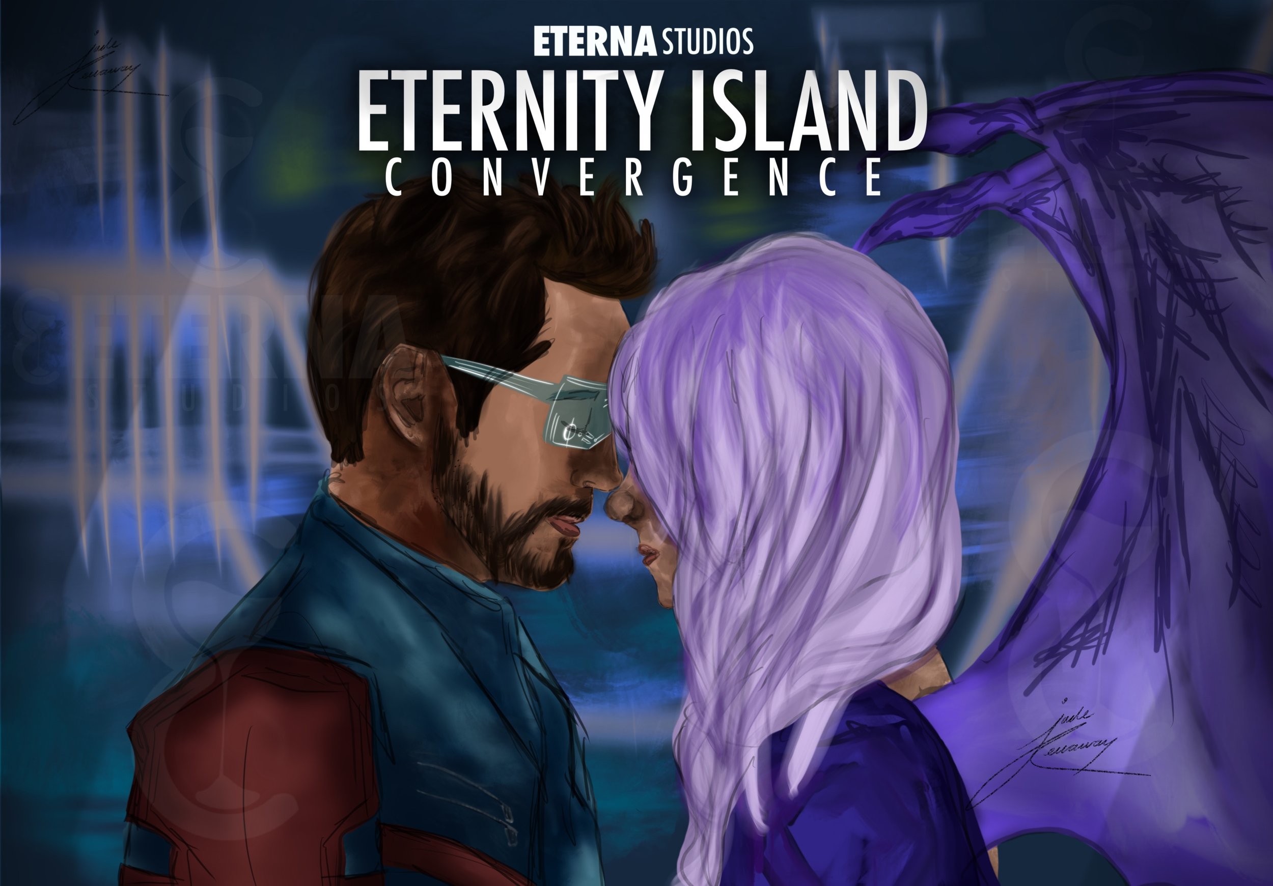 Digital artwork of two characters facing each other with closed eyes, a male with glasses and brown hair and a female with lavender hair, touching foreheads. The background shows a dark blue, futuristic cityscape with glowing elements. Text at the to