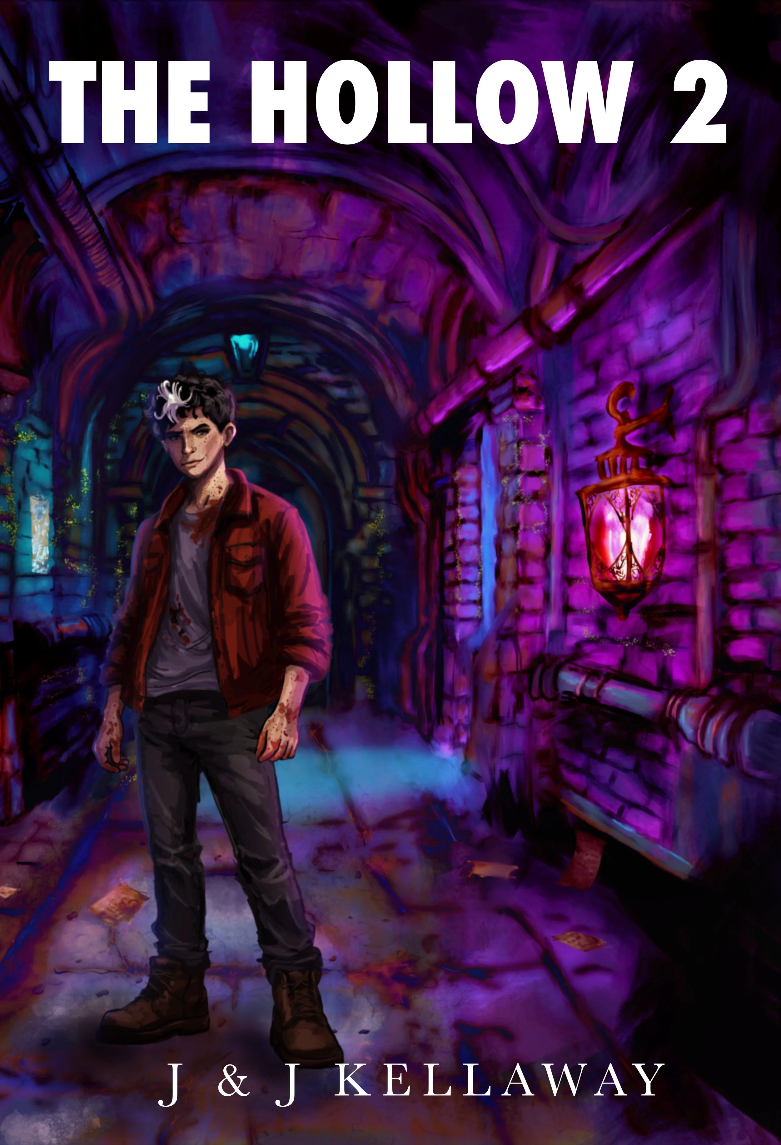 Book cover of 'The Hollow 2' by J & J Kellaway depicting a young man with black and white hair standing in a dark, colorful alleyway illuminated by purple and red neon lights.
