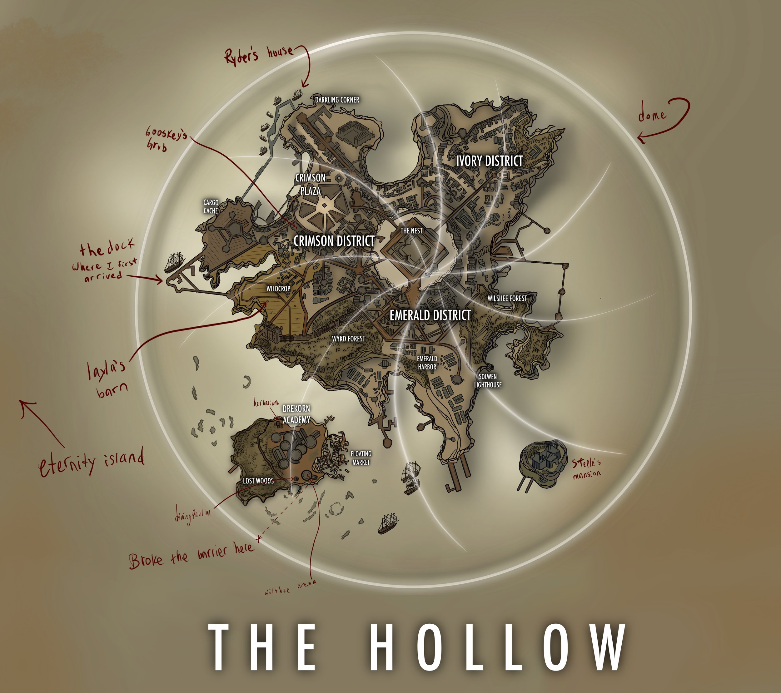 Map of the fictional world called The Hollow, divided into districts with handwritten annotations indicating points of interest such as Ryders house, GoosekreyGrub, the dock, Layla's barn, Eterinity Island, and other landmarks.