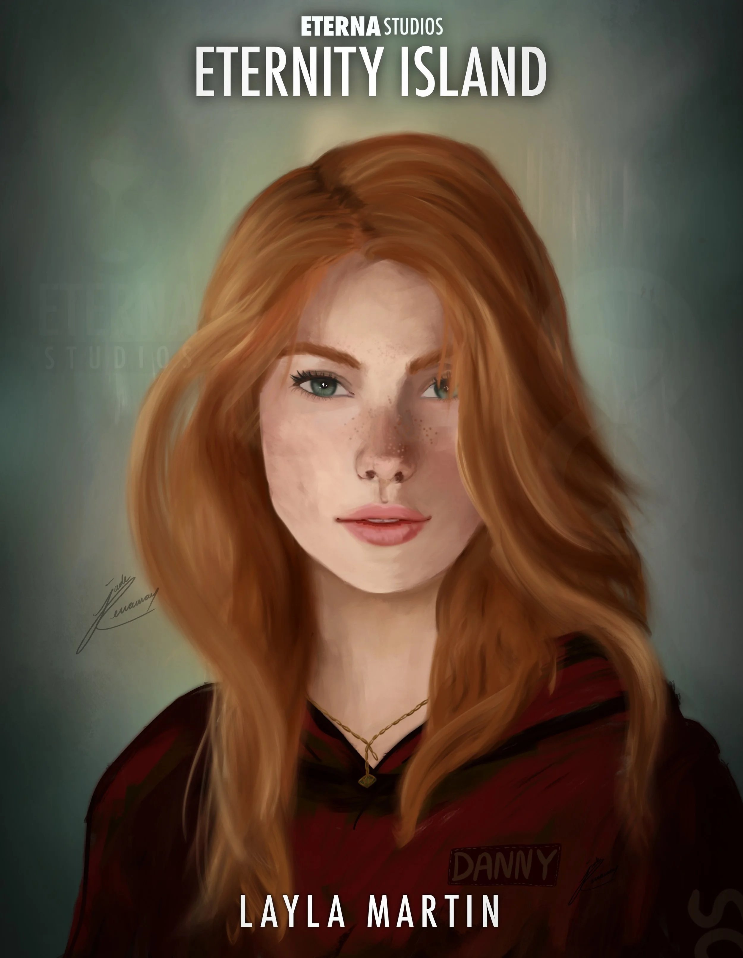 Digital portrait of a young woman with long, wavy red hair and green eyes. She is wearing a dark top with a name tag that reads 'DANNY' and a gold necklace. The background is blurred with text at the top that says 'ETERNITY ISLAND.'