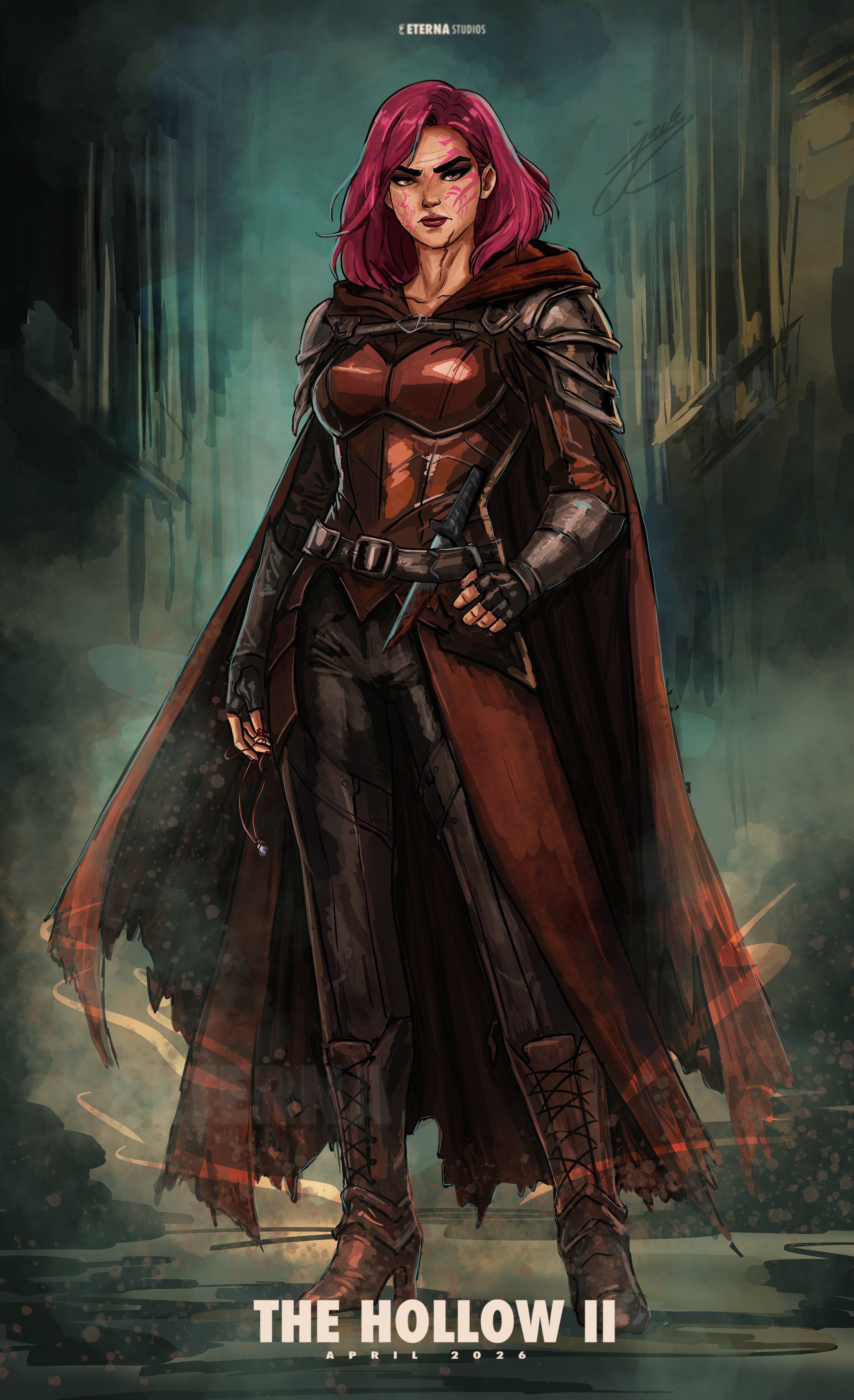 A digital artwork of a fierce female warrior with pink hair, wearing dark armor and a long tattered coat, holding a dagger, standing in a foggy, dark city alley. The text at the bottom reads "The Hollow II April 2026".