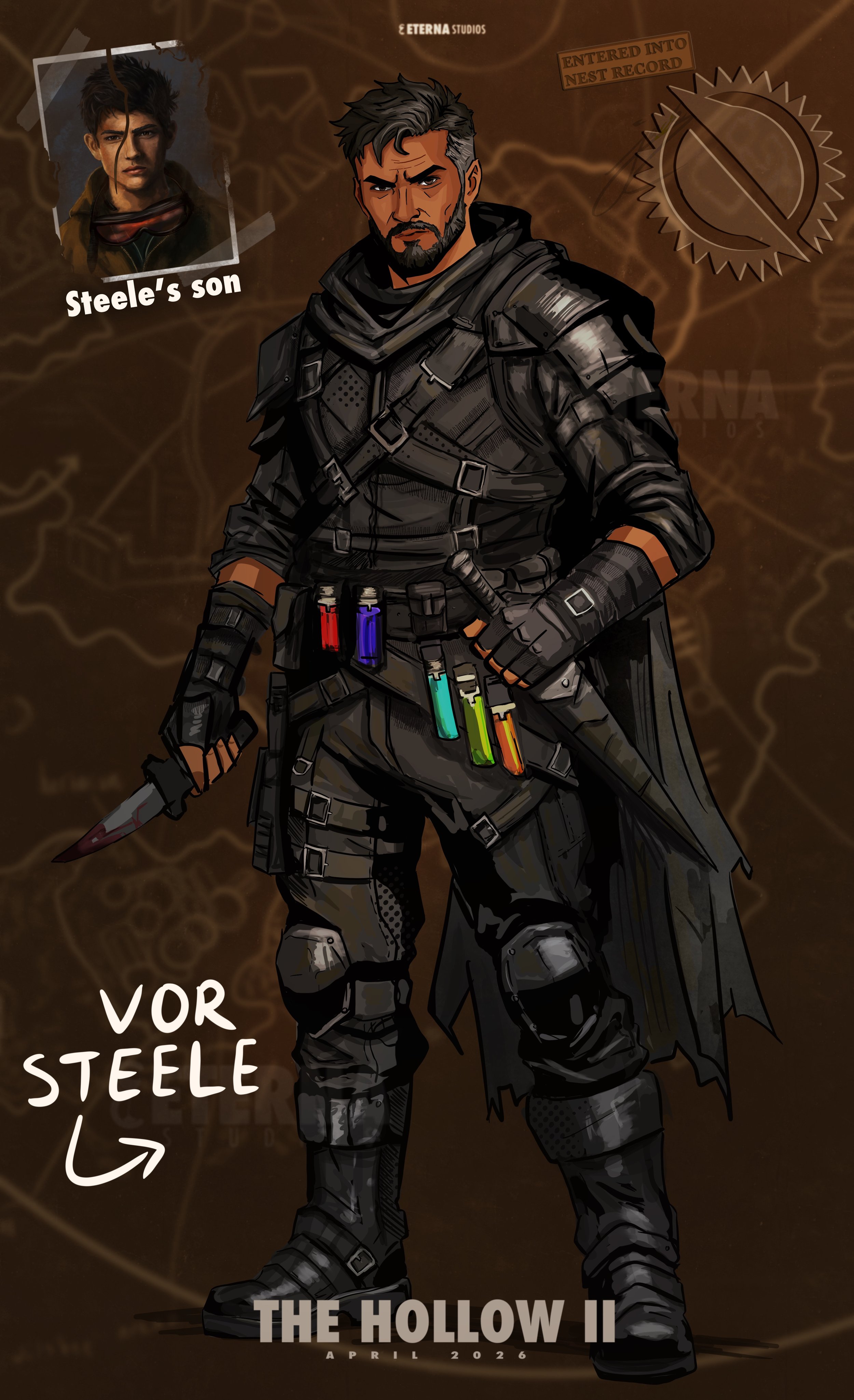 Poster of a video game character in tactical gear holding a knife, with test labels and a background map. Features text indicating 'Vor Steele', 'The Hollow II,' and release date April 2026.