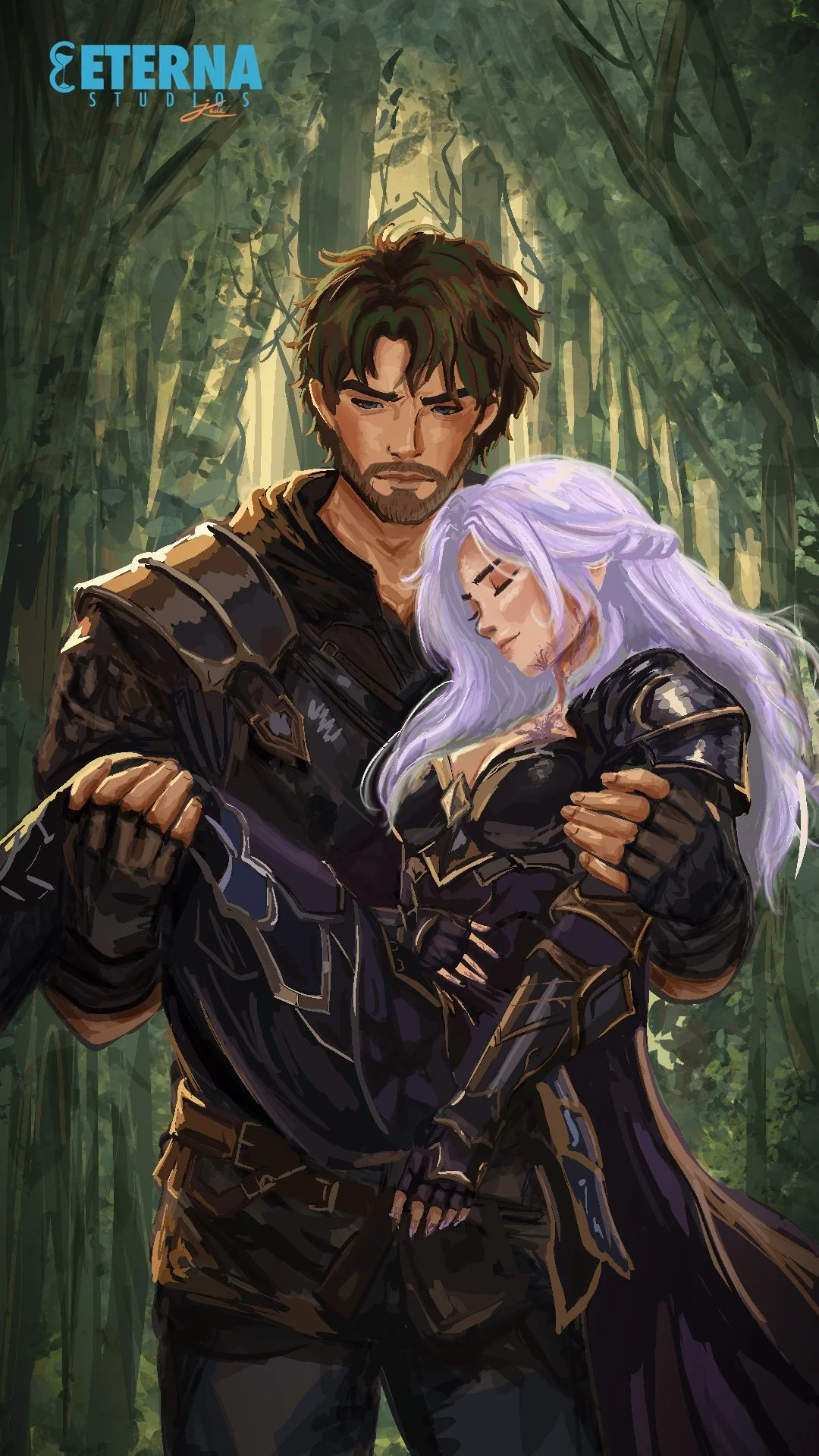 Digital illustration of a male warrior with dark hair and beard holding a female elf with flowing white hair and pointed ears in a forest background. The warrior wears black armor with gold accents, and the elf is dressed in black with gold details. 