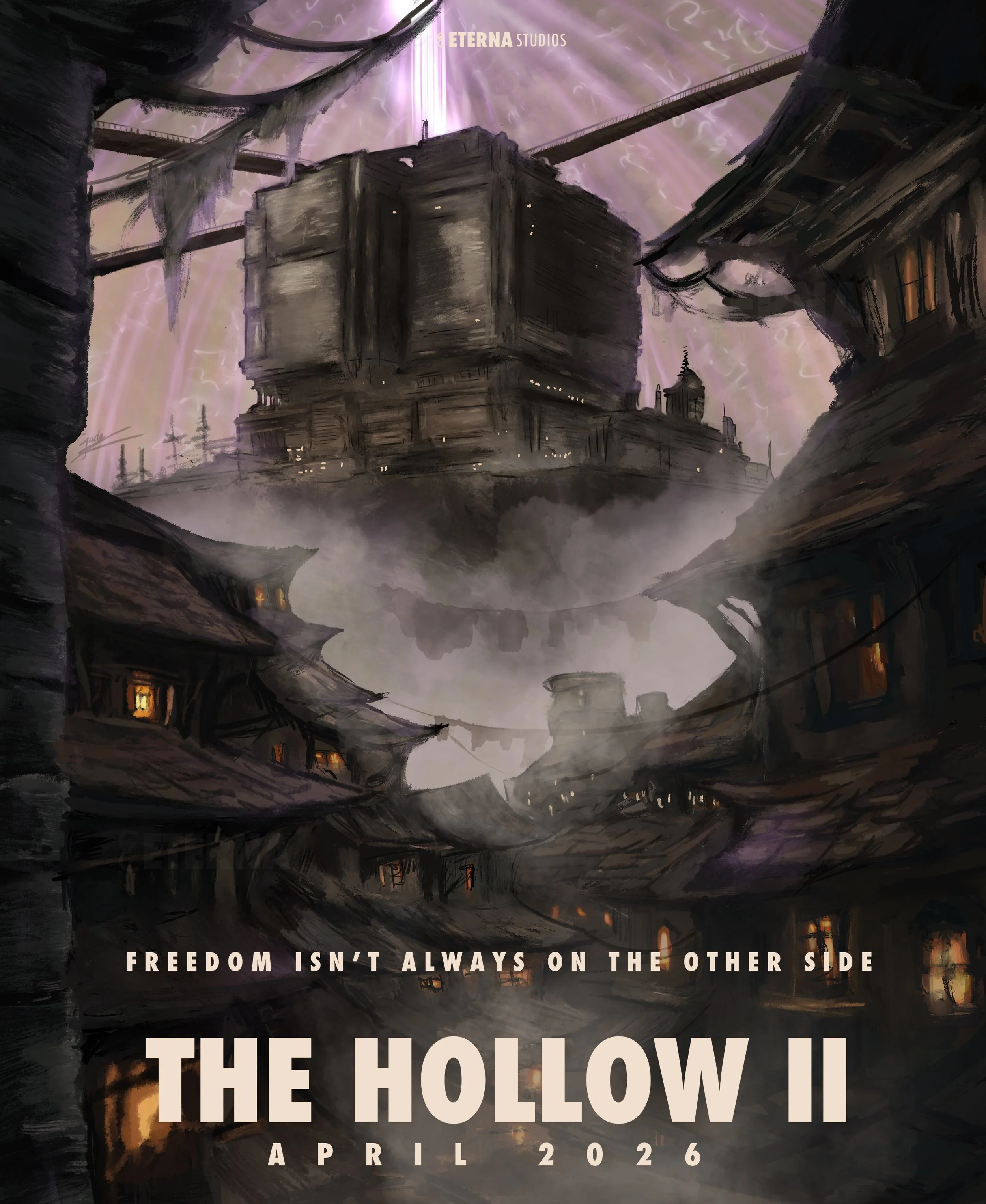 Dark, dystopian cityscape with large, ominous structure in the background, glowing purple energy in the sky, and rundown buildings with lit windows in the foreground. Text overlay reads "Freedom isn't always on the other side" and "The Hollow II Apri