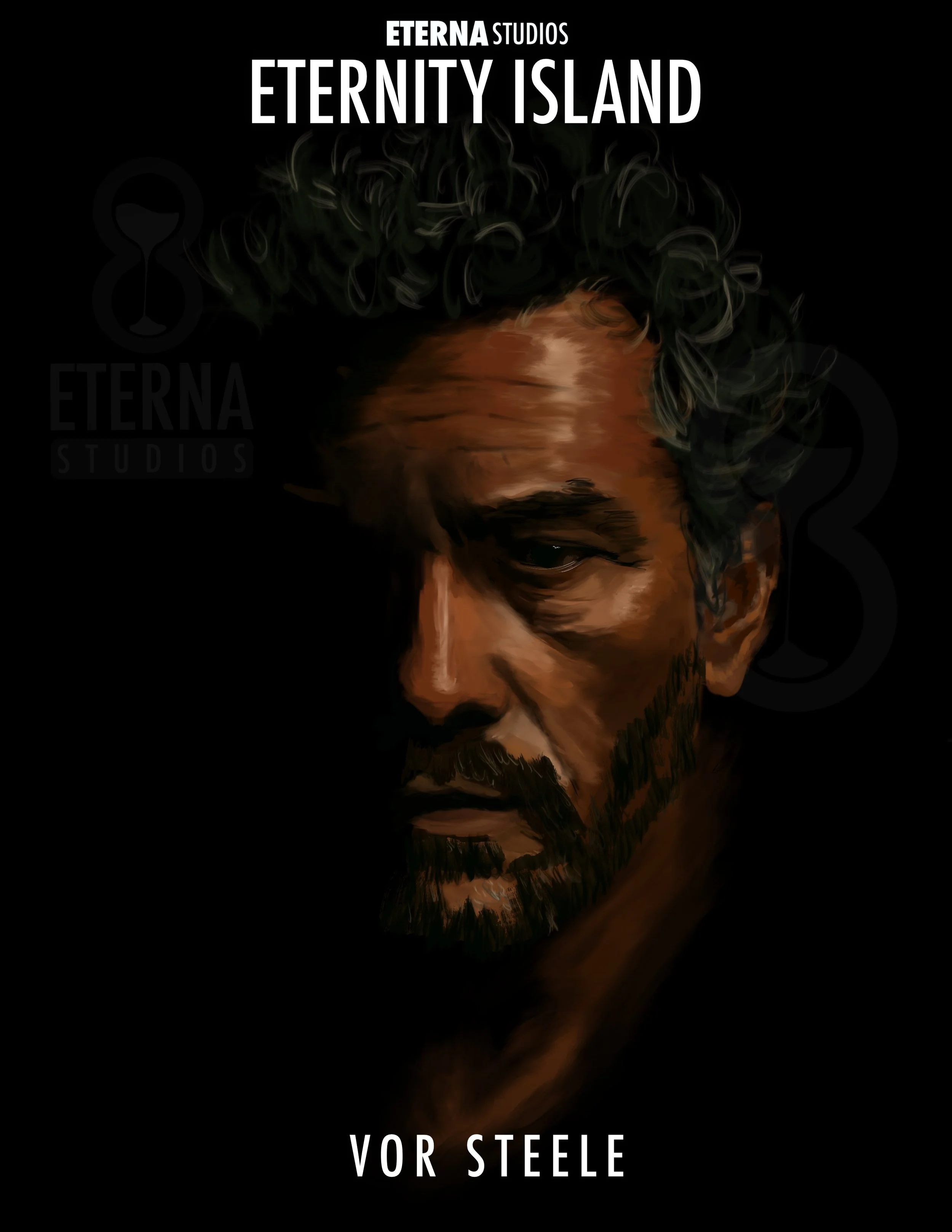 Digital painting of a man's face with curly hair and a beard, set against a black background. Text at the top reads 'ETERNA STUDIOS ETERNITY ISLAND' and at the bottom 'VOR STEELE'.