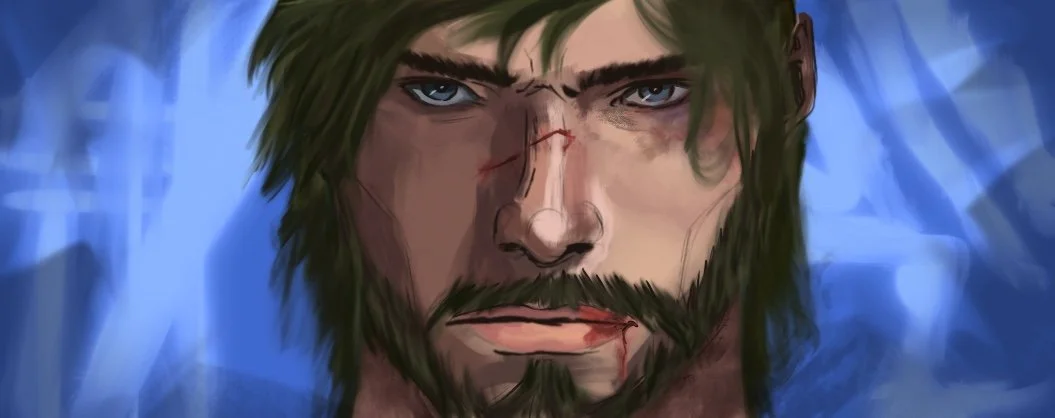 Illustration of a serious man with long hair and a beard, with a nosebleed and a cut on his face, set against a blue abstract background.