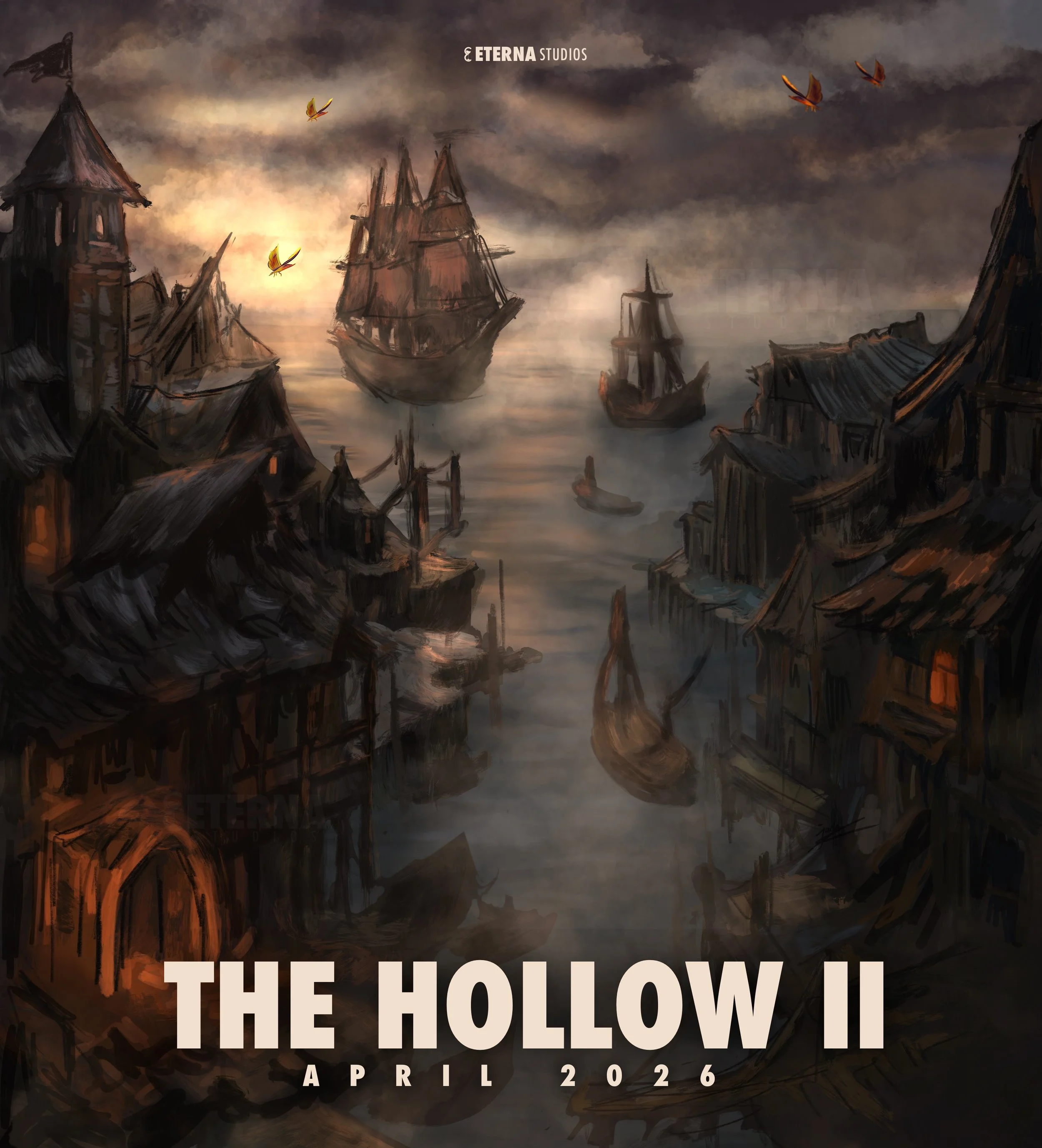 Dark, foggy harbor scene with abandoned wooden houses on stilts, ships on the water, and a cloudy sky, with text overlay reading 'The Hollow II April 2026'.