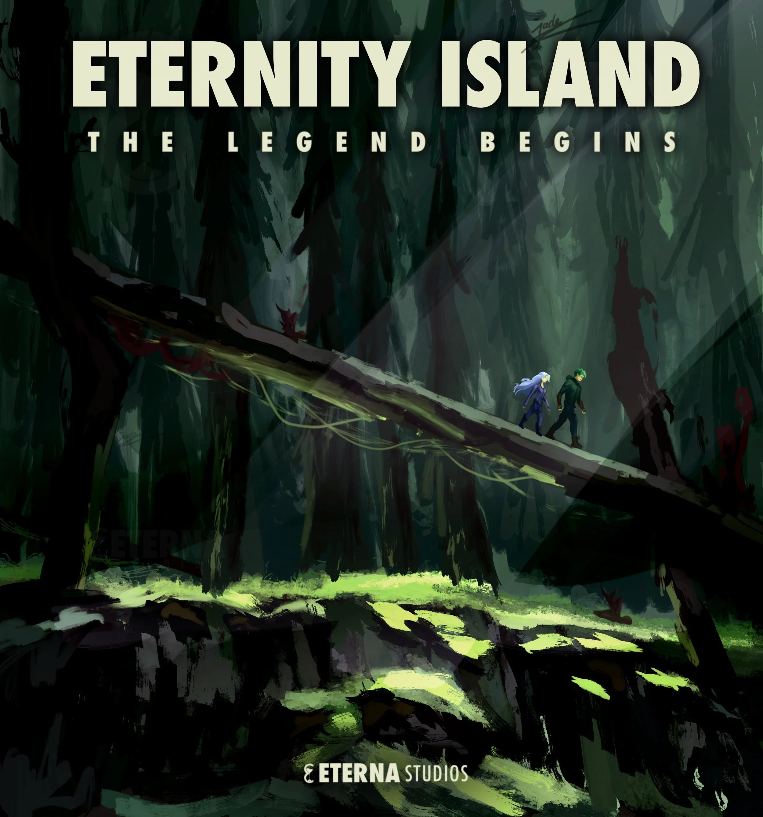 Digital artwork for the game 'Eternity Island: The Legend Begins' showing a dense forest with two characters walking on a large fallen log. The forest is dark and mysterious, with thick trees and green moss.