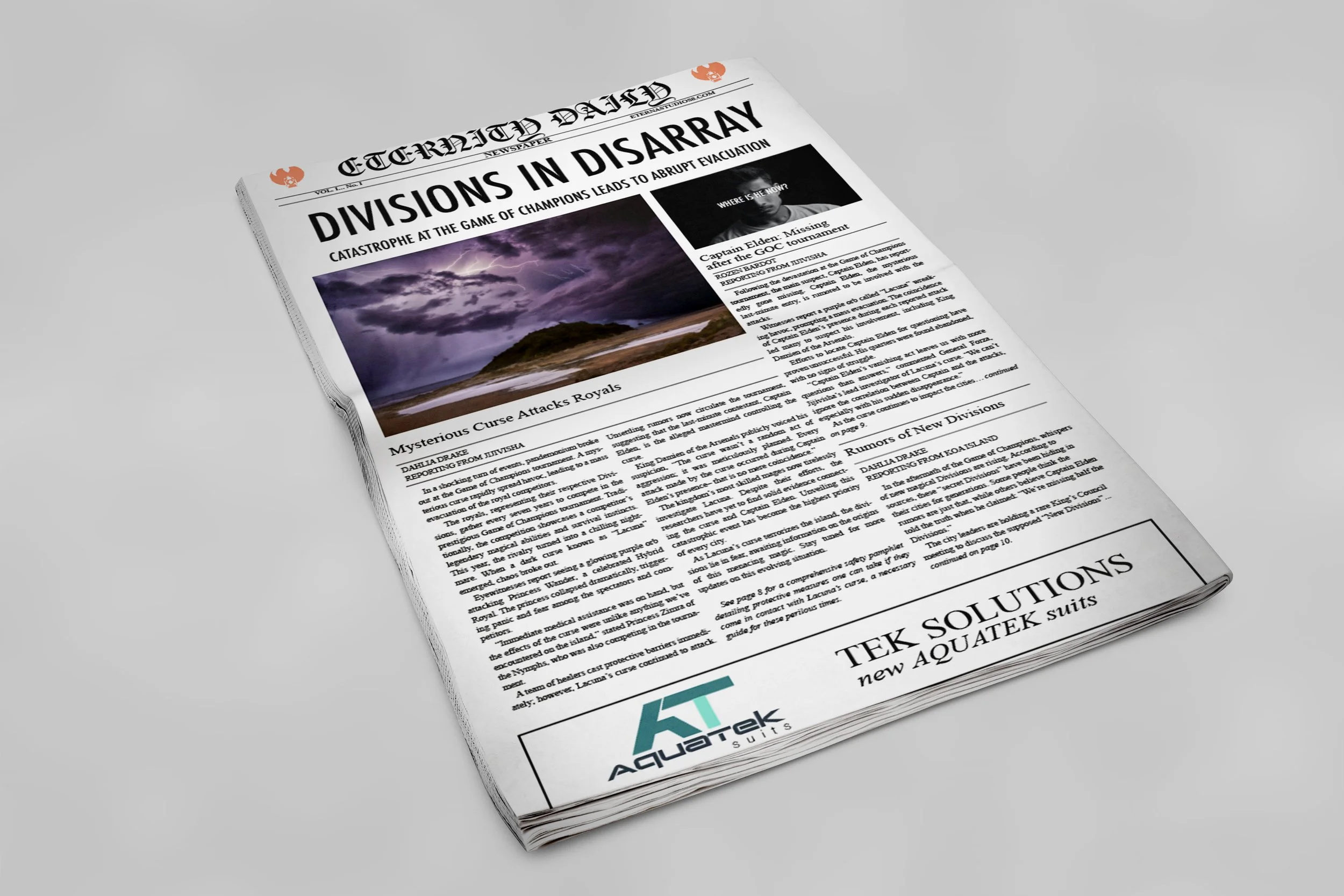 Front page of a newspaper called 'TERRIFIED DAILY' with the headline 'DIVISIONS IN DISARRAY' and a large stormy weather photograph. The front page includes articles about mysterious curses and rumors of new divisions, with an advertisement for AQUATE