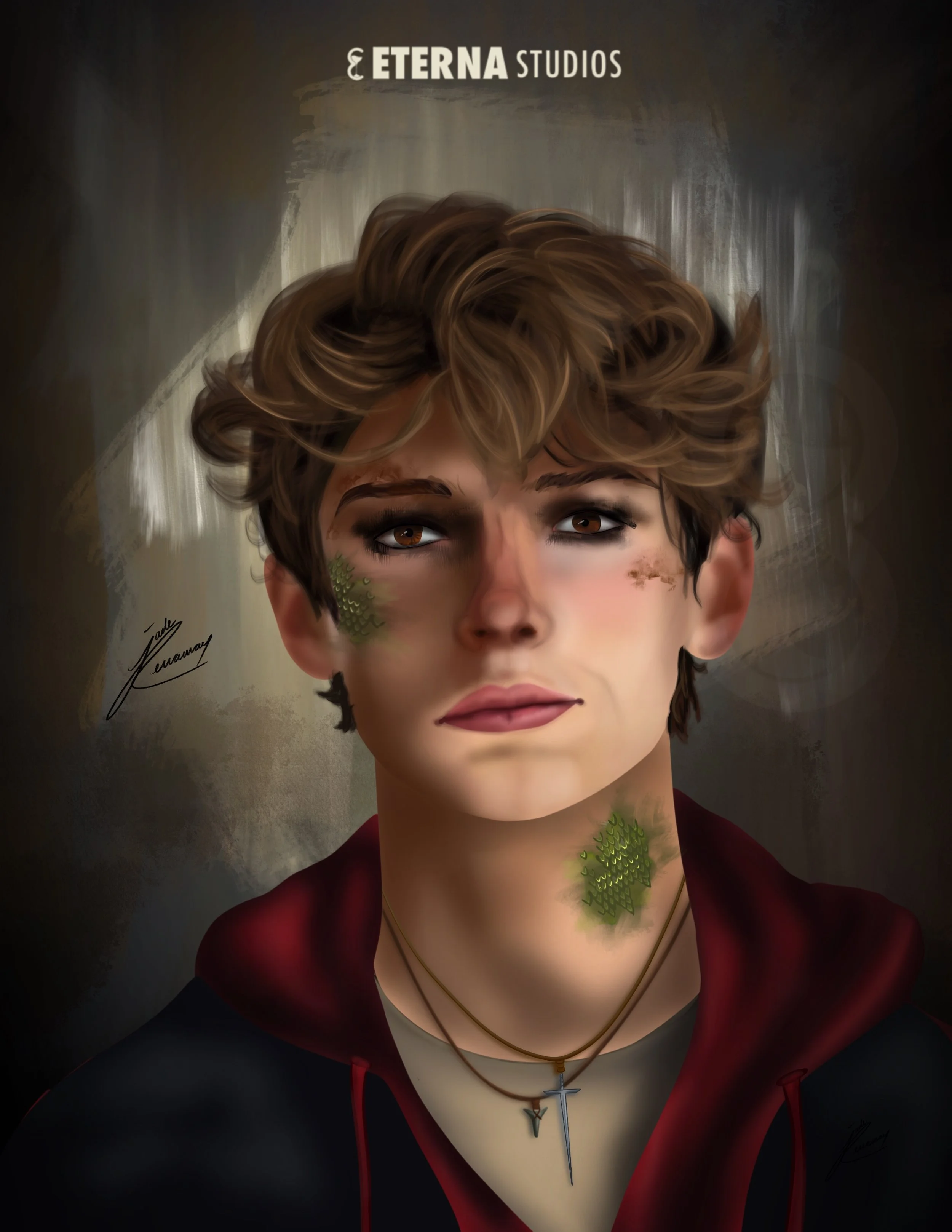 Digital portrait of a young man with brown hair, brown eyes, and two green fractal-like tattoos on his face and neck, wearing a black and red hoodie and necklaces with crosses, with "Eterna Studios" written at the top.