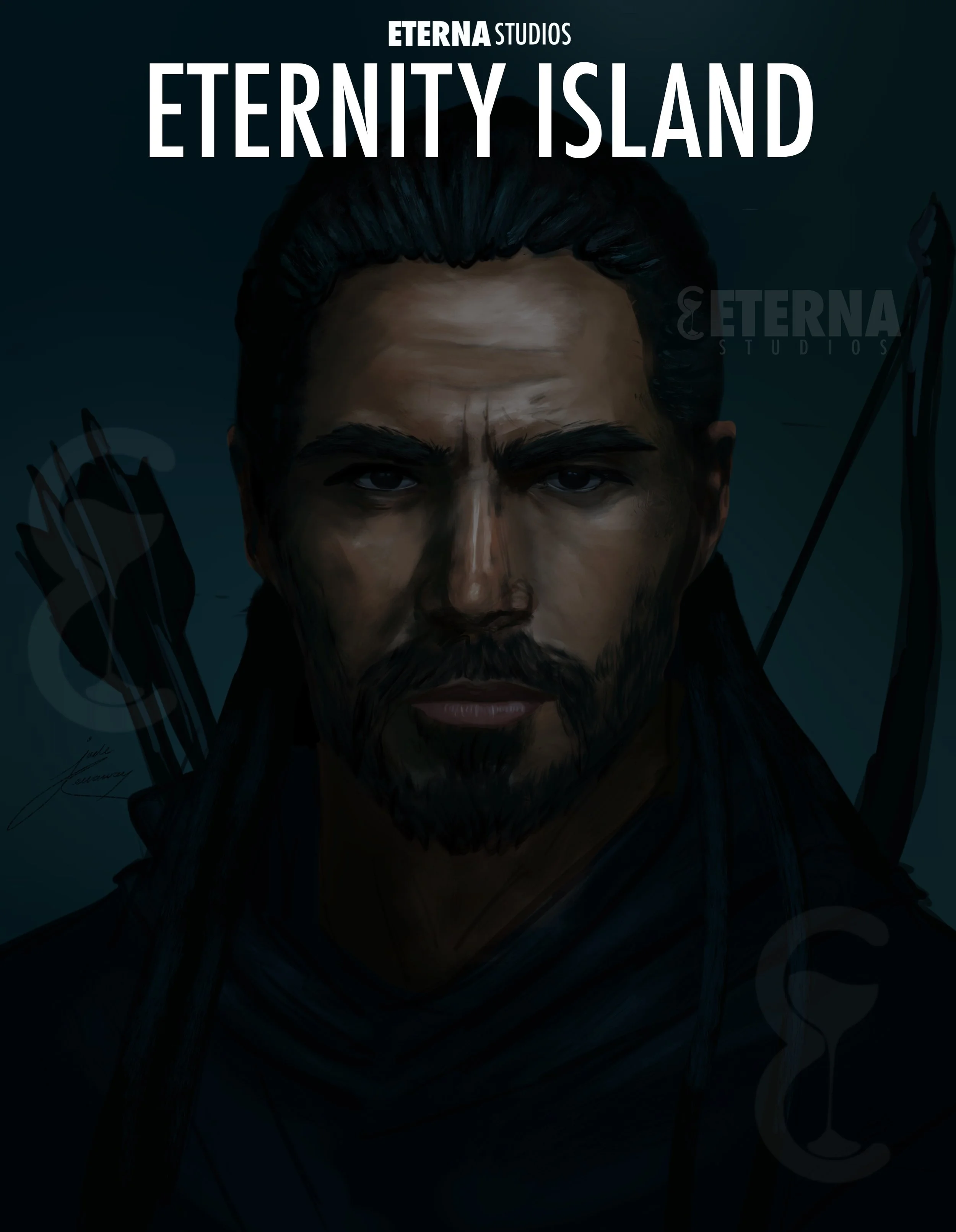 Digital artwork of a man with long dark hair and a beard, titled "Eternity Island" by Eterna Studios, with dark blue background and two arrows behind him.