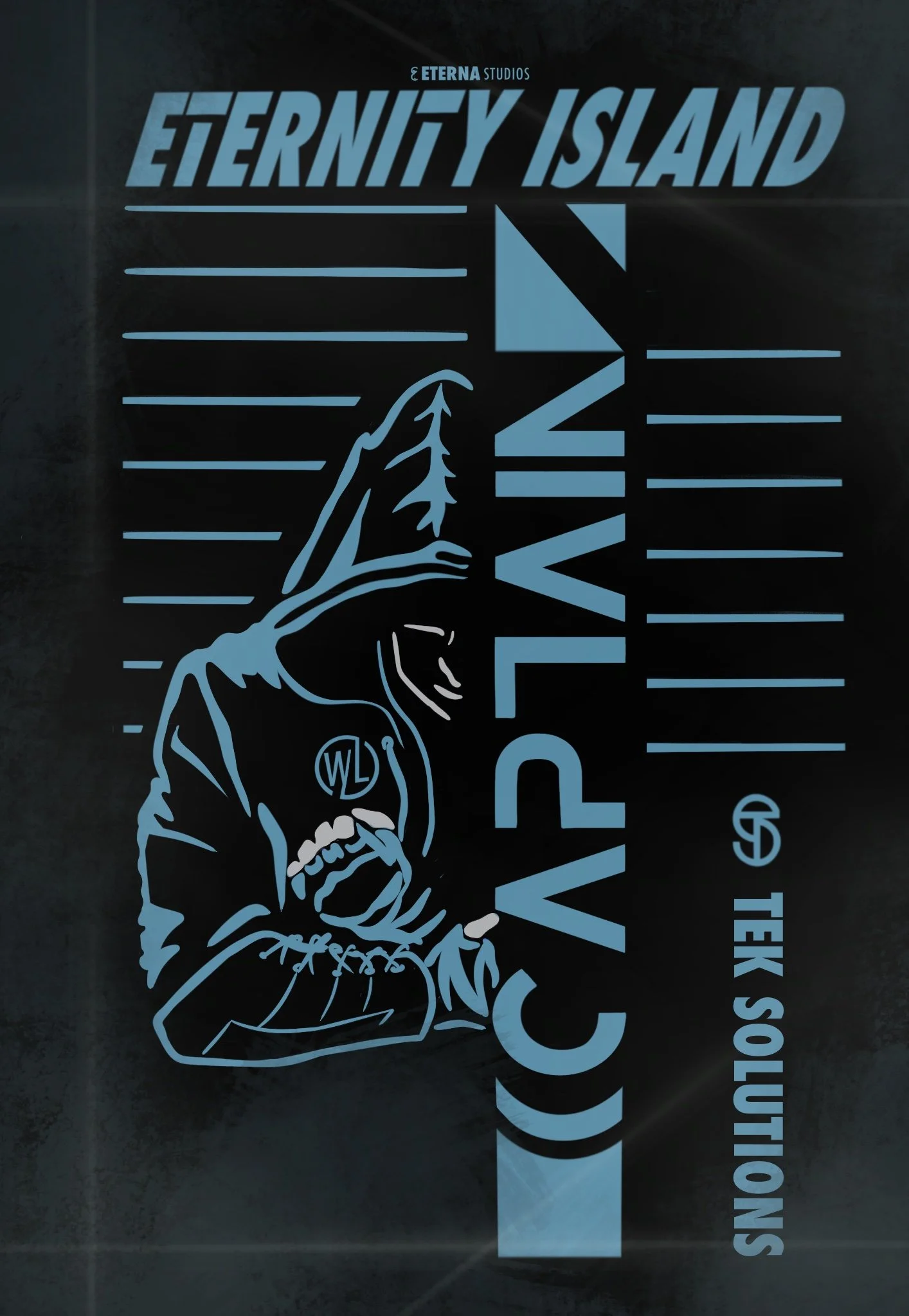 Poster for ETERNITY ISLAND with a line art illustration of a person wearing a hoodie and sunglasses, holding a phone, with a mountain in the background. The poster features the text "CELEBRATING CRAWLON 2023" and "SOLUTION'S FILM © TLF SILO".