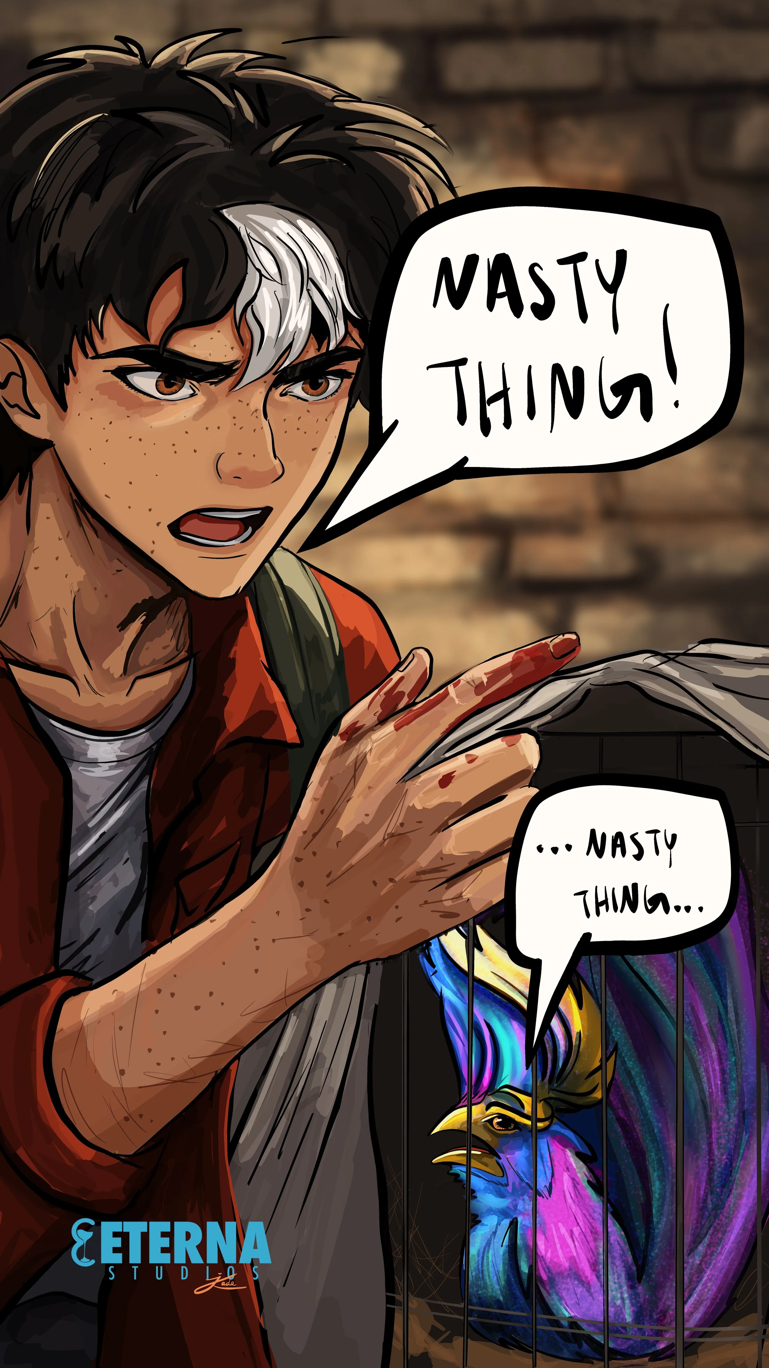 A comic-style illustration of a young person with brown hair, freckles, and a red jacket, pointing at a colorful bird inside a cage. The person is angry and says, 'Nasty thing!'. The bird appears to be the same bird, with a speech bubble saying, '… N