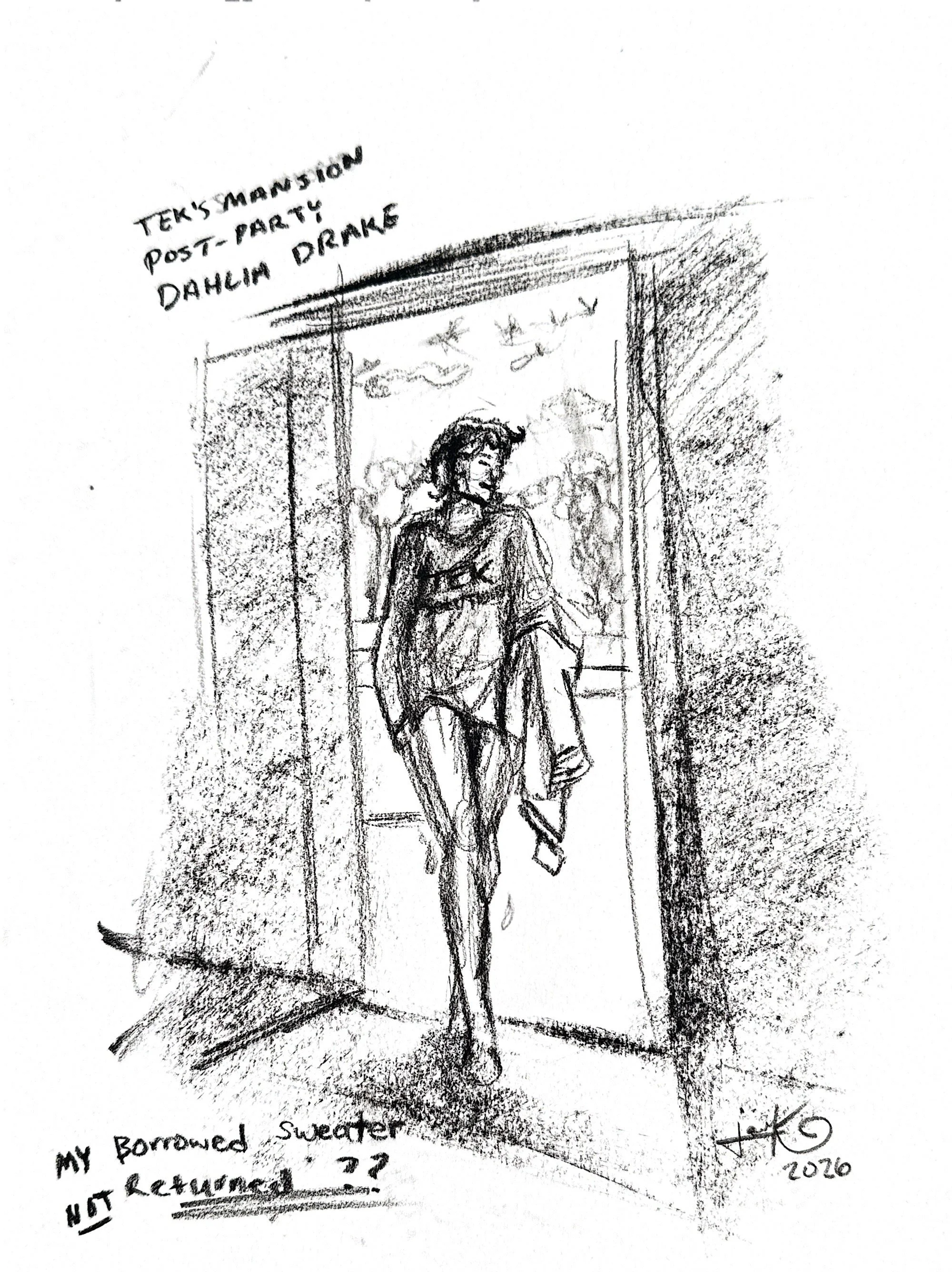"My Borrowed Sweater," 8x10, Charcoal on paper, based on Hidden War by J&J Kellaway