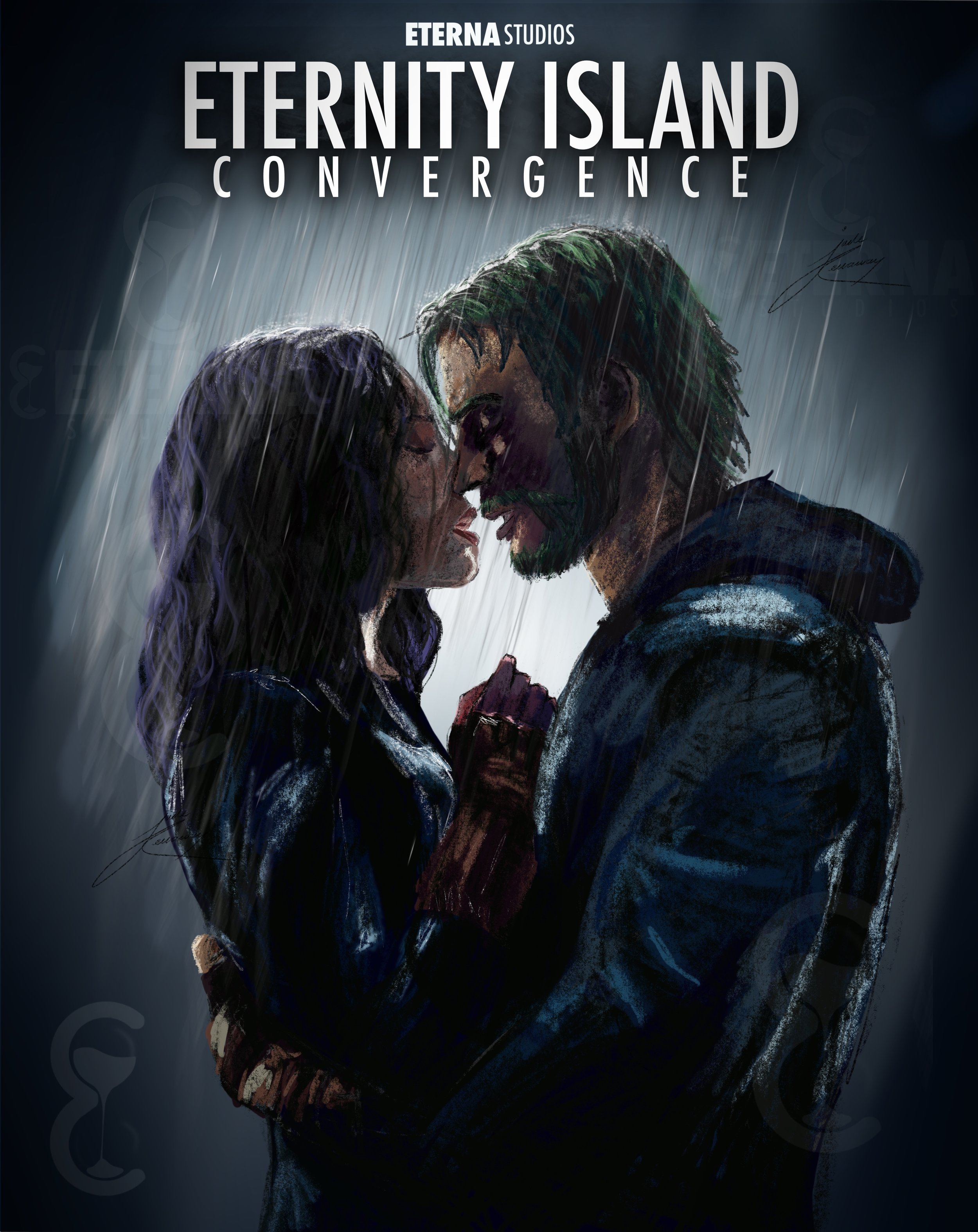 Illustration of a romantic couple standing close in the rain, about to kiss, with the title 'Eternity Island Convergence' at the top.