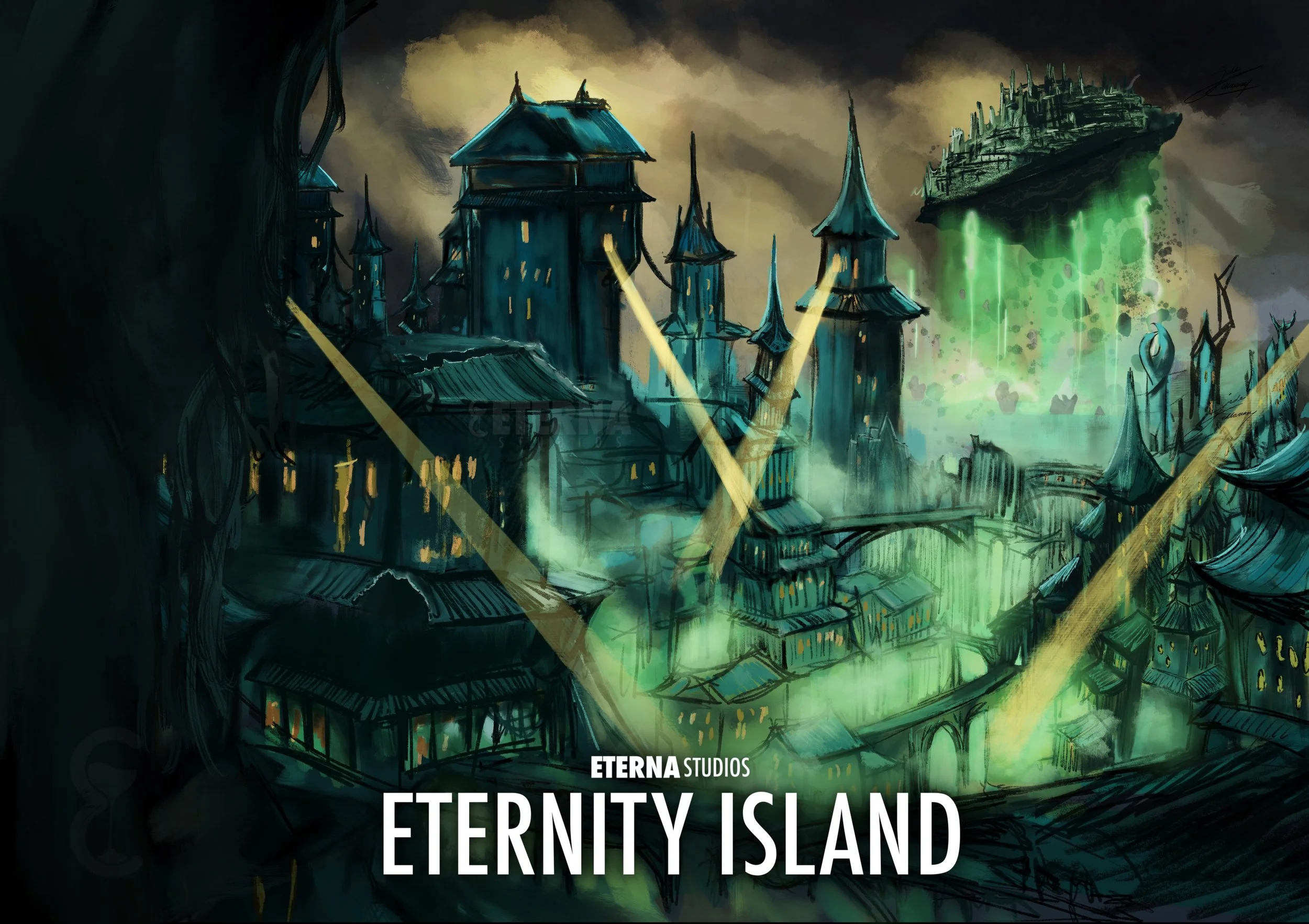 Dark fantasy digital painting of a mysterious, ancient island with towering, gothic-style buildings and structures illuminated by eerie green and yellow lights, with a foggy, ominous sky overhead.