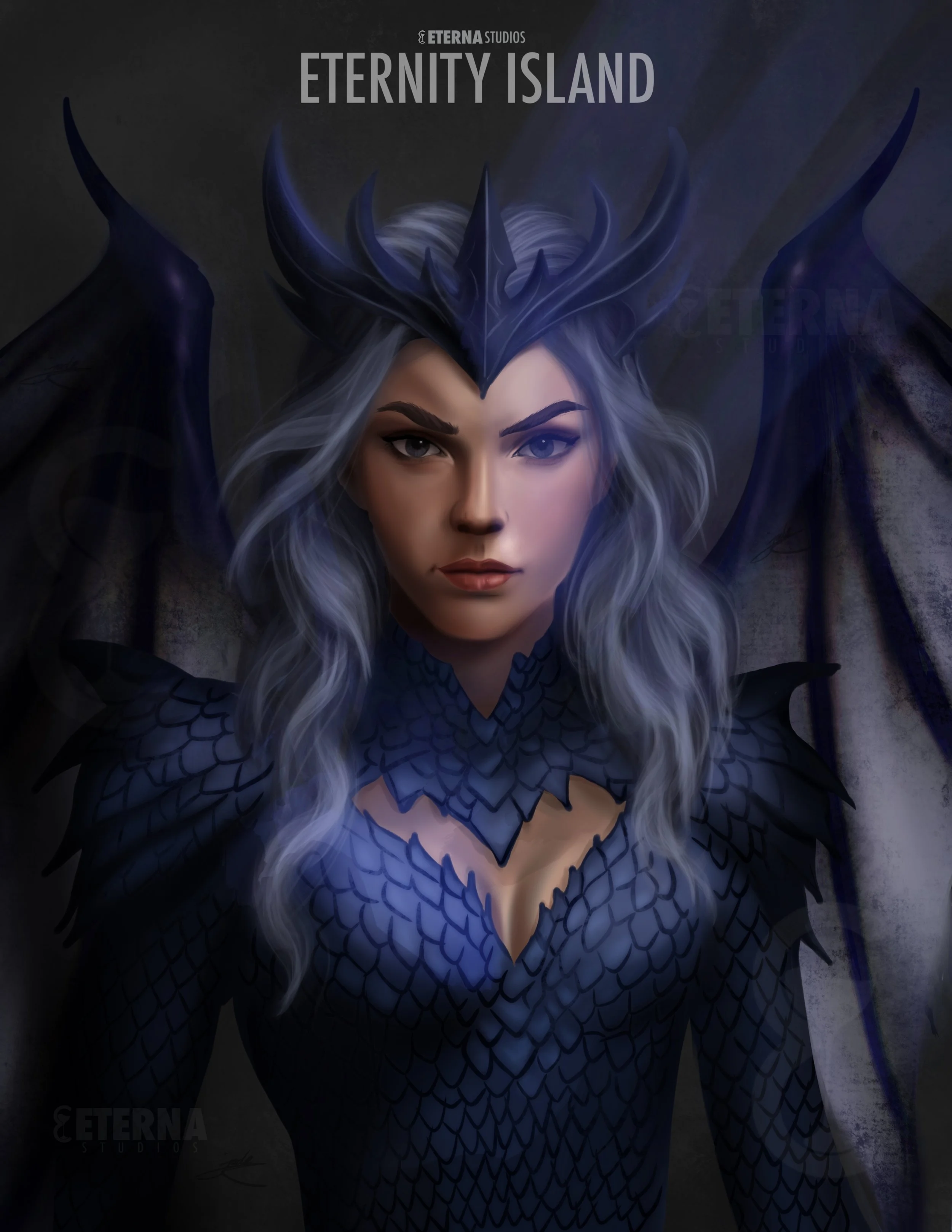 Digital artwork of a female character with silver hair, wearing a blue and black scaly costume with a crown and wings, labeled 'Eternity Island' by Eterna Studios.