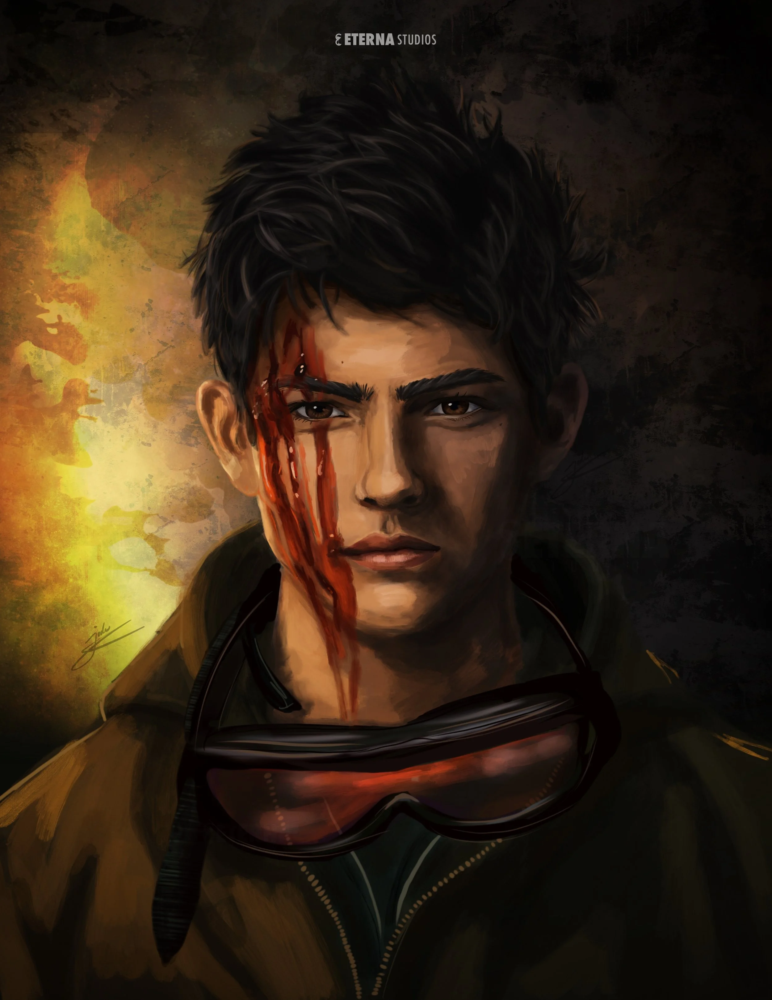 Digital painting of a young man with short dark hair, wearing a brown jacket and goggles around his neck. He has a serious expression with a bleeding wound on his forehead and blood running down his face. The background is dark with a warm glow on th