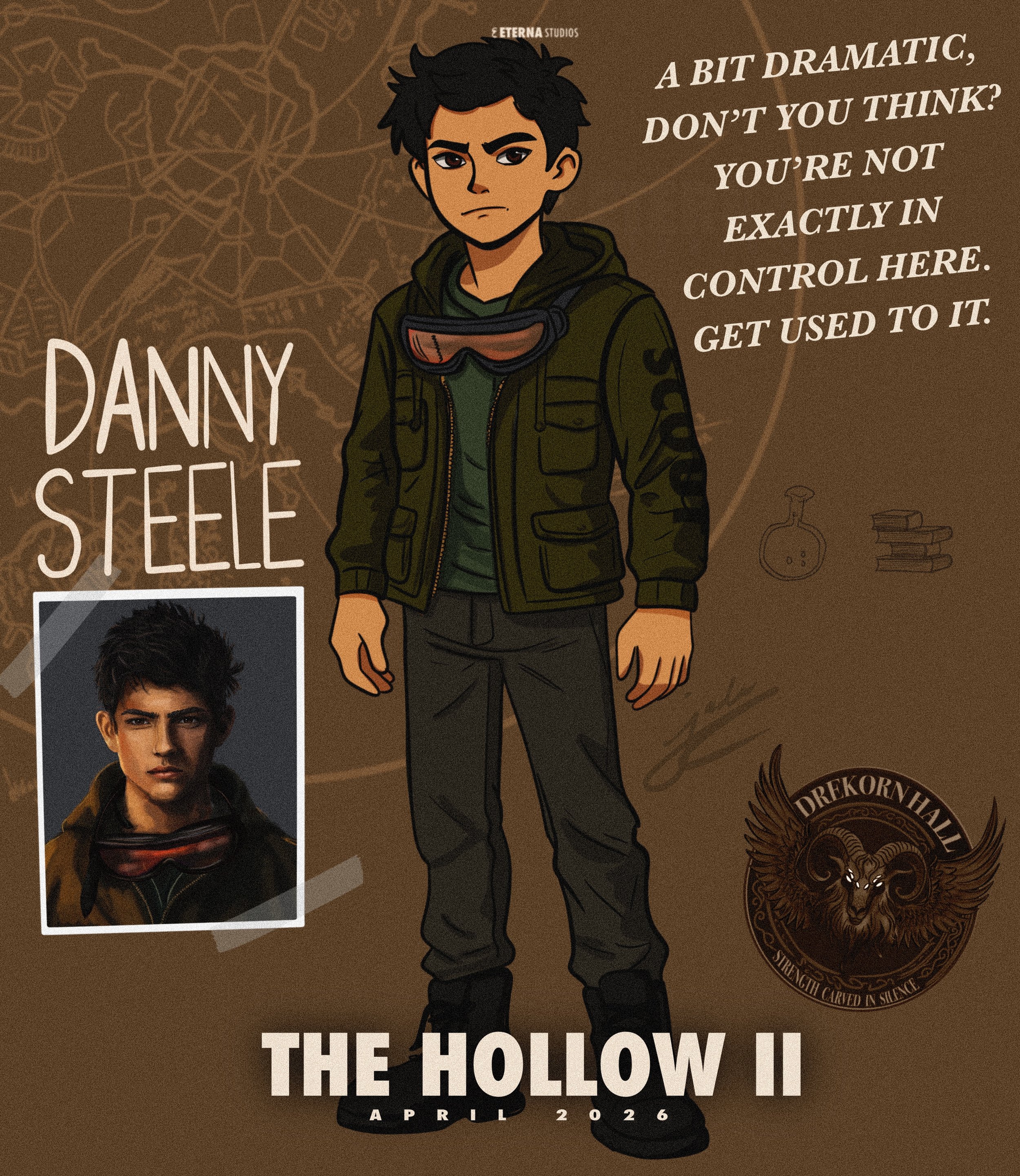 Illustration of a young man in military gear with a serious expression, wearing a green jacket and goggles around his neck, with a smaller reference photo of the same person below. Background features map and science icons with text about controlling